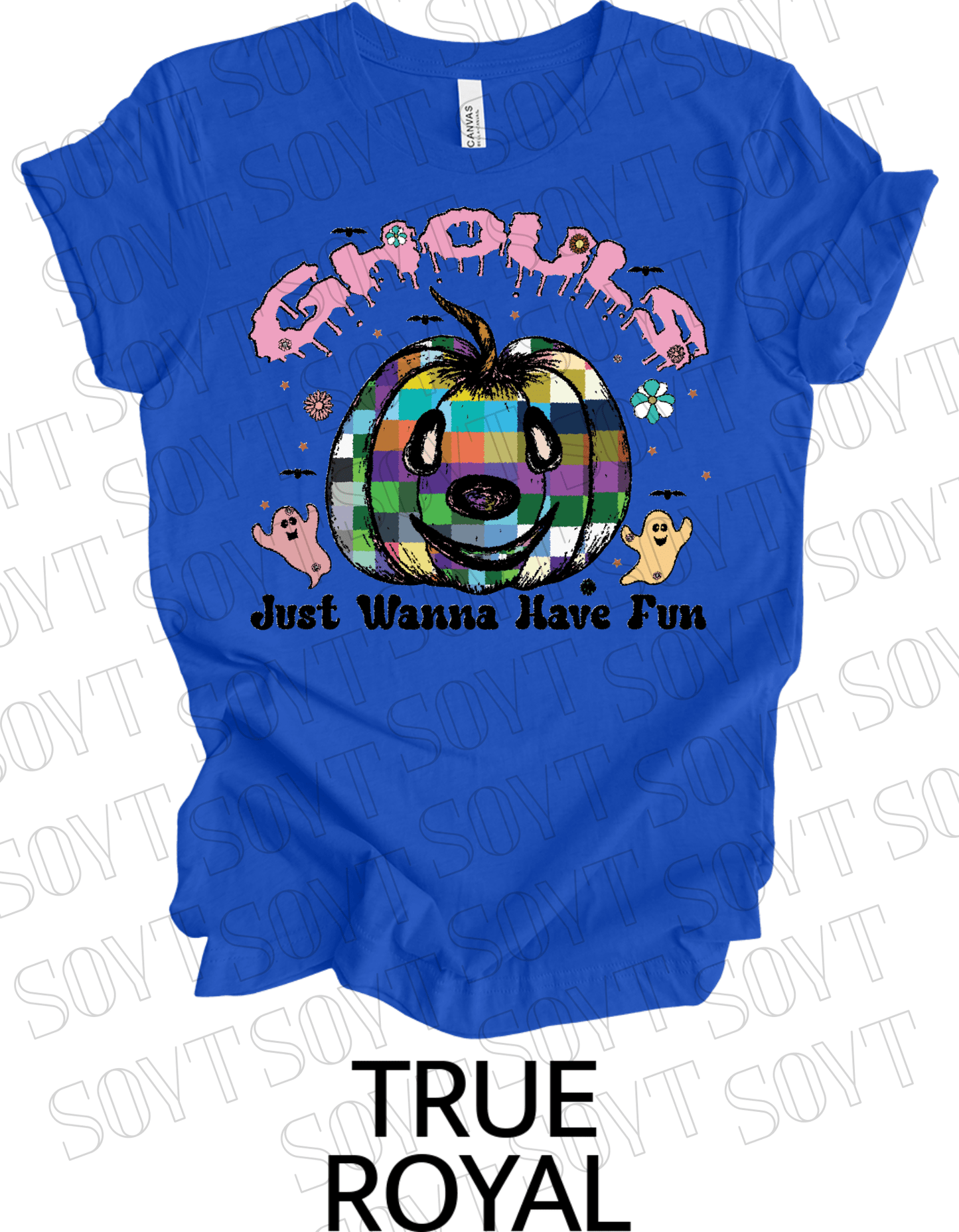 Ghouls Just Wanna Have Fun T-Shirt – Colorful Plaid Pumpkin & Cute Ghost Halloween Tee - Festive Apparel StoreRoyal Blue