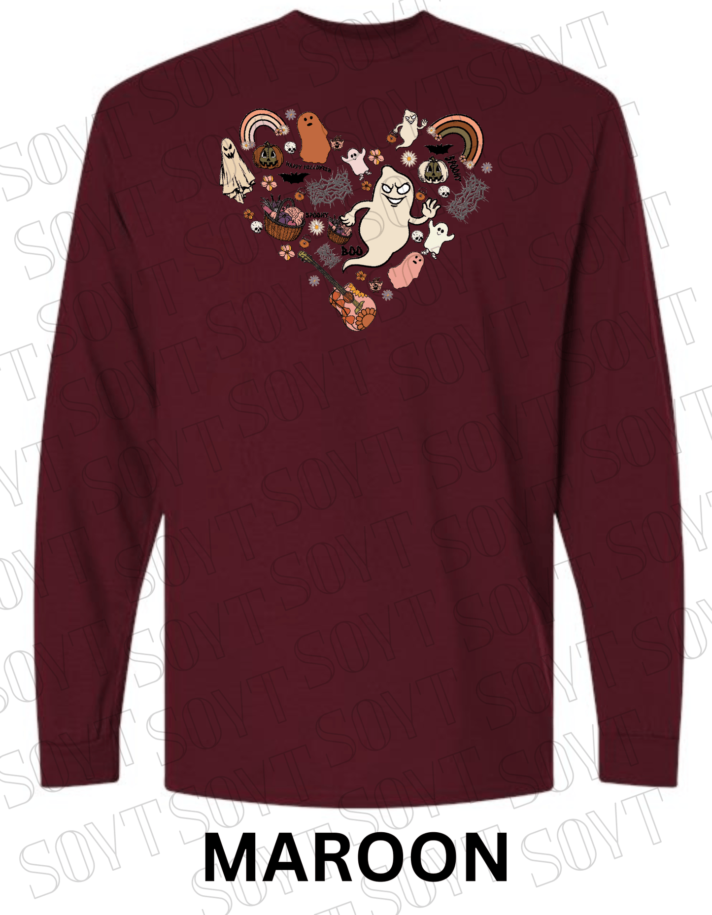Halloween Heart Collage Long Sleeve – Retro Ghosts, Rainbows & Floral Fall Guitar Shirt - Festive Apparel StoreMaroon