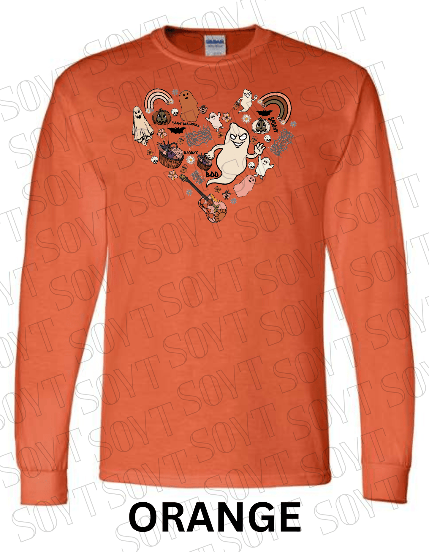 Halloween Heart Collage Long Sleeve – Retro Ghosts, Rainbows & Floral Fall Guitar Shirt - Festive Apparel StoreOrange