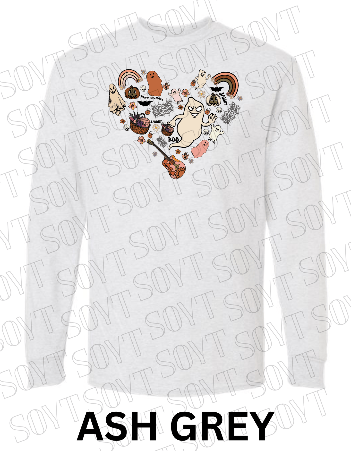 Halloween Heart Collage Long Sleeve – Retro Ghosts, Rainbows & Floral Fall Guitar Shirt - Festive Apparel StoreAsh Gray
