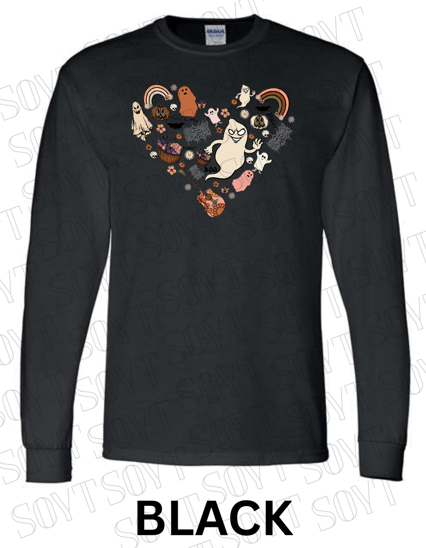 Halloween Heart Collage Long Sleeve – Retro Ghosts, Rainbows & Floral Fall Guitar Shirt - Festive Apparel StoreBlack