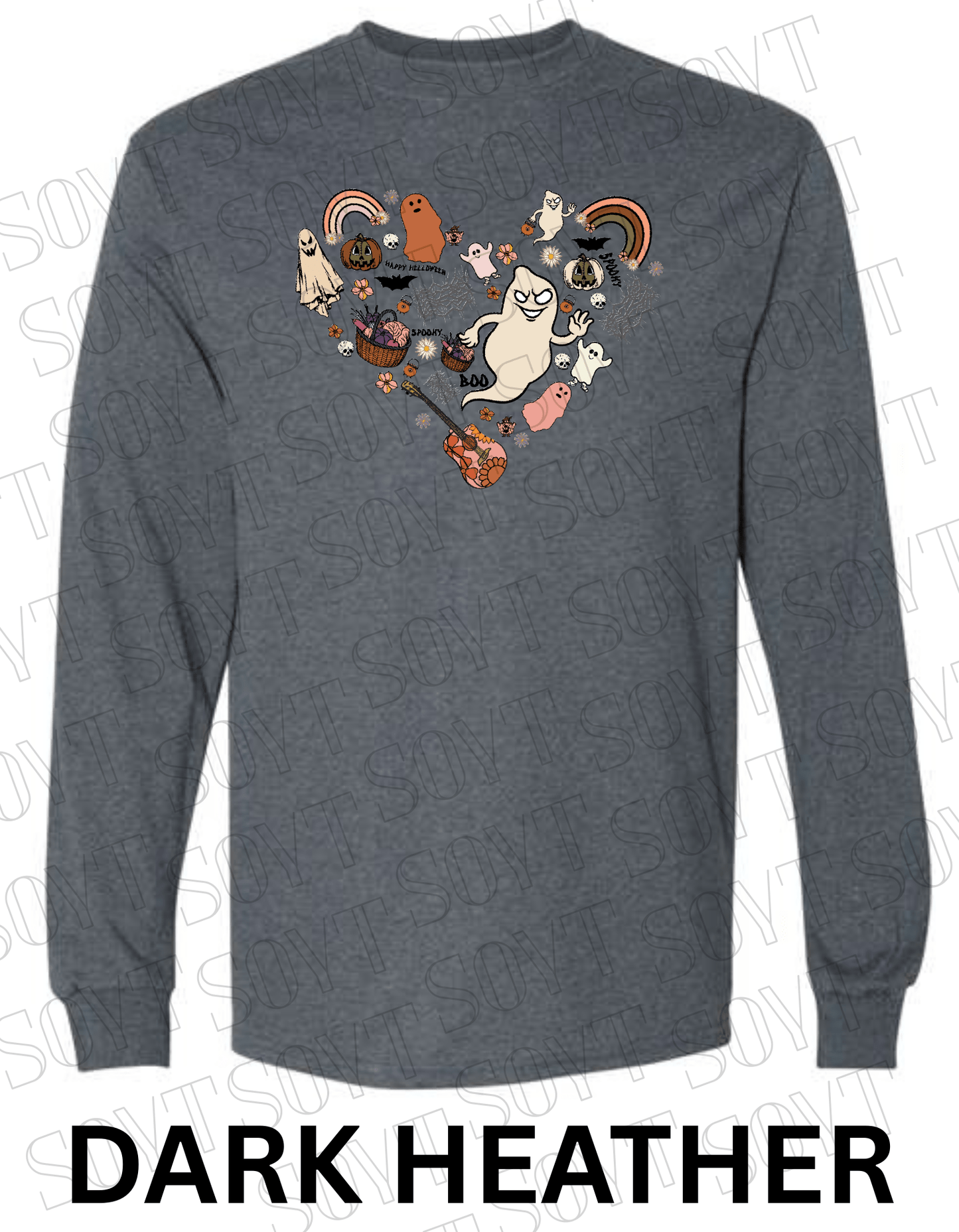 Halloween Heart Collage Long Sleeve – Retro Ghosts, Rainbows & Floral Fall Guitar Shirt - Festive Apparel StoreDark Heather