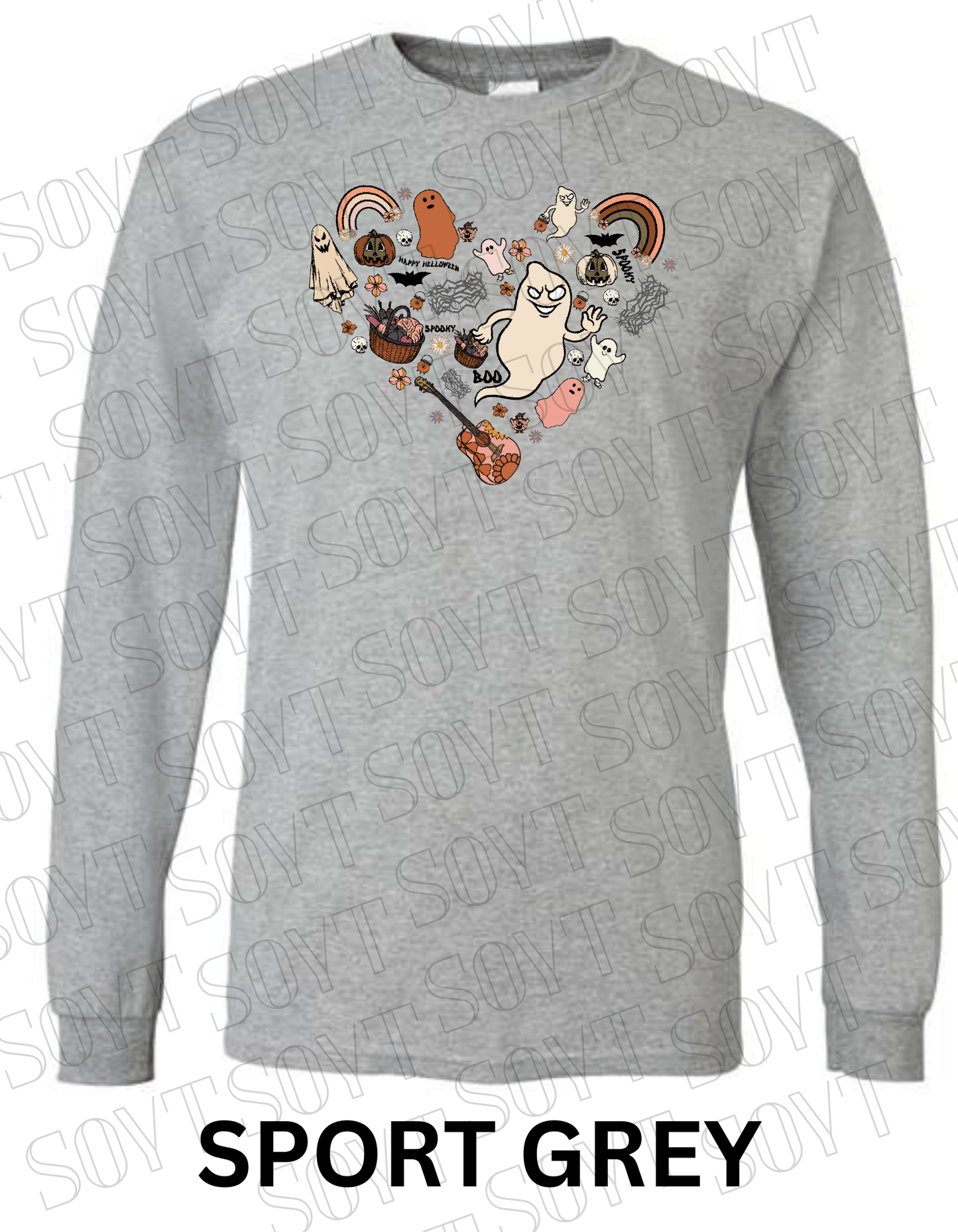 Halloween Heart Collage Long Sleeve – Retro Ghosts, Rainbows & Floral Fall Guitar Shirt - Festive Apparel StoreSport Grey