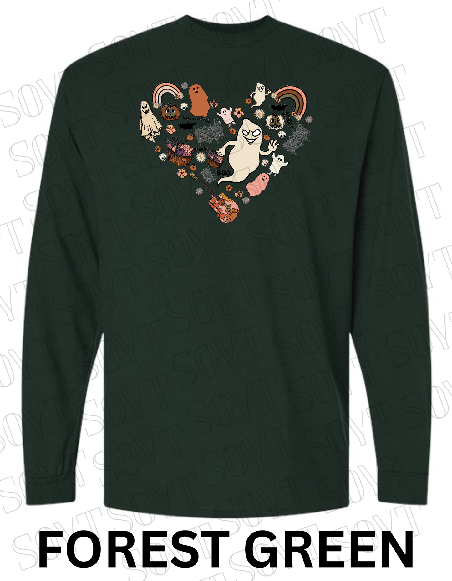 Halloween Heart Collage Long Sleeve – Retro Ghosts, Rainbows & Floral Fall Guitar Shirt - Festive Apparel StoreForest Green