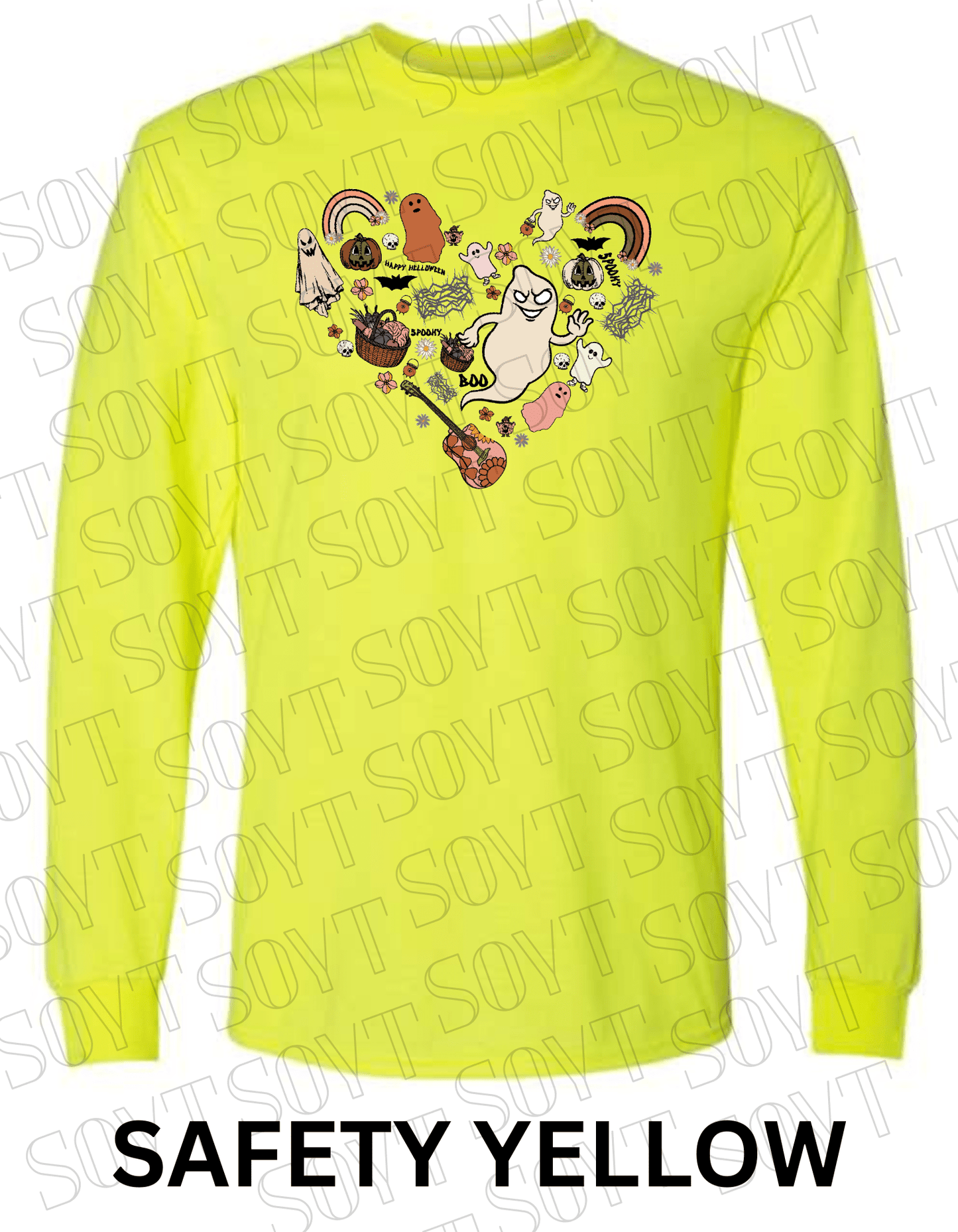 Halloween Heart Collage Long Sleeve – Retro Ghosts, Rainbows & Floral Fall Guitar Shirt - Festive Apparel StoreSafety Yellow