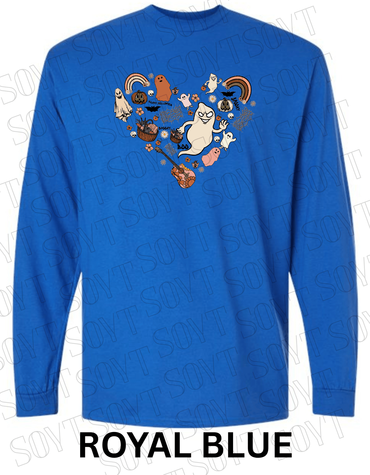 Halloween Heart Collage Long Sleeve – Retro Ghosts, Rainbows & Floral Fall Guitar Shirt - Festive Apparel StoreRoyal Blue