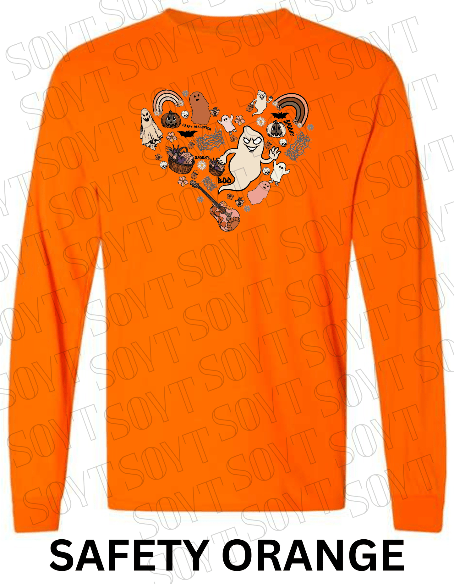 Halloween Heart Collage Long Sleeve – Retro Ghosts, Rainbows & Floral Fall Guitar Shirt - Festive Apparel StoreSafety Orange