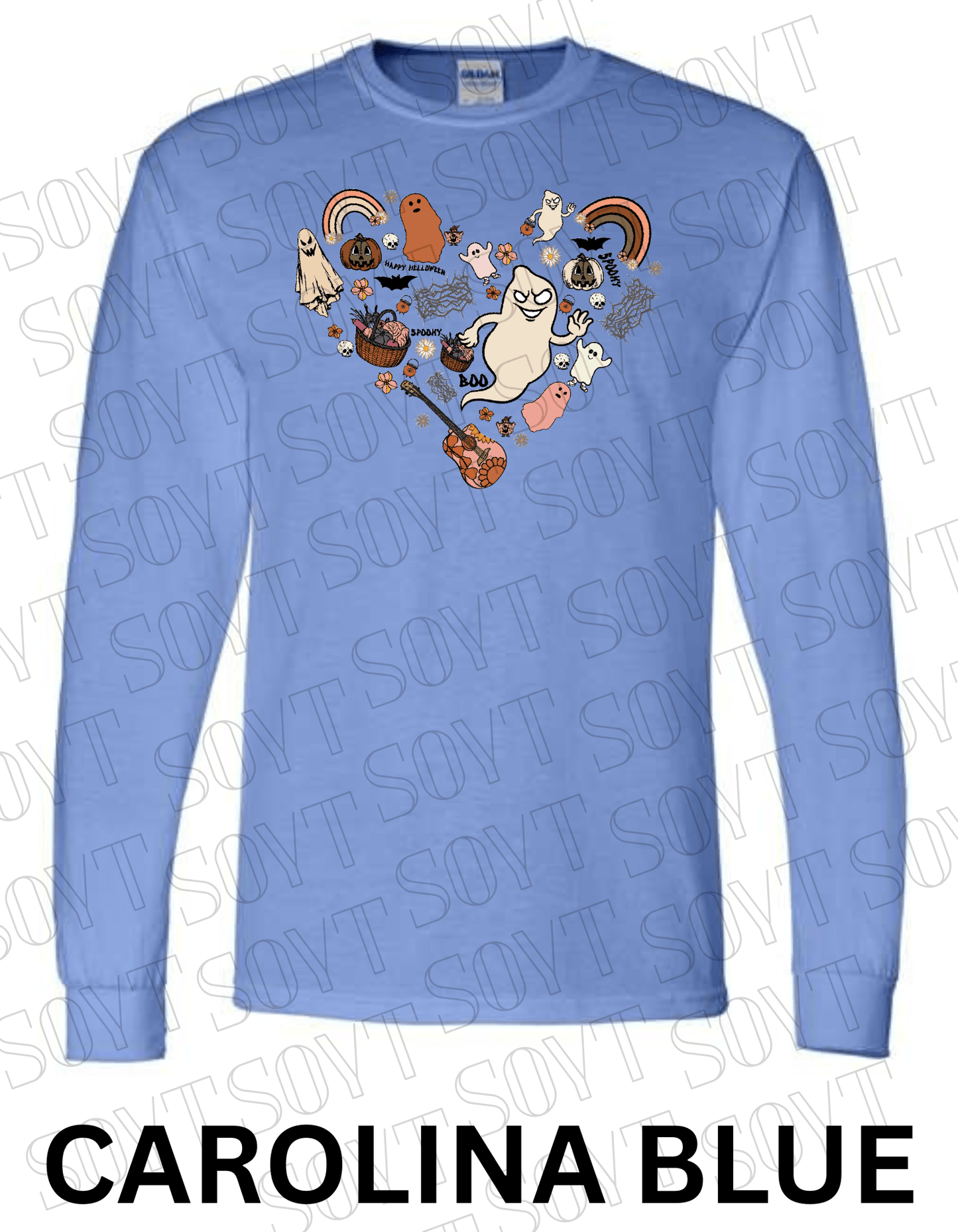 Halloween Heart Collage Long Sleeve – Retro Ghosts, Rainbows & Floral Fall Guitar Shirt - Festive Apparel StoreCarolina Blue