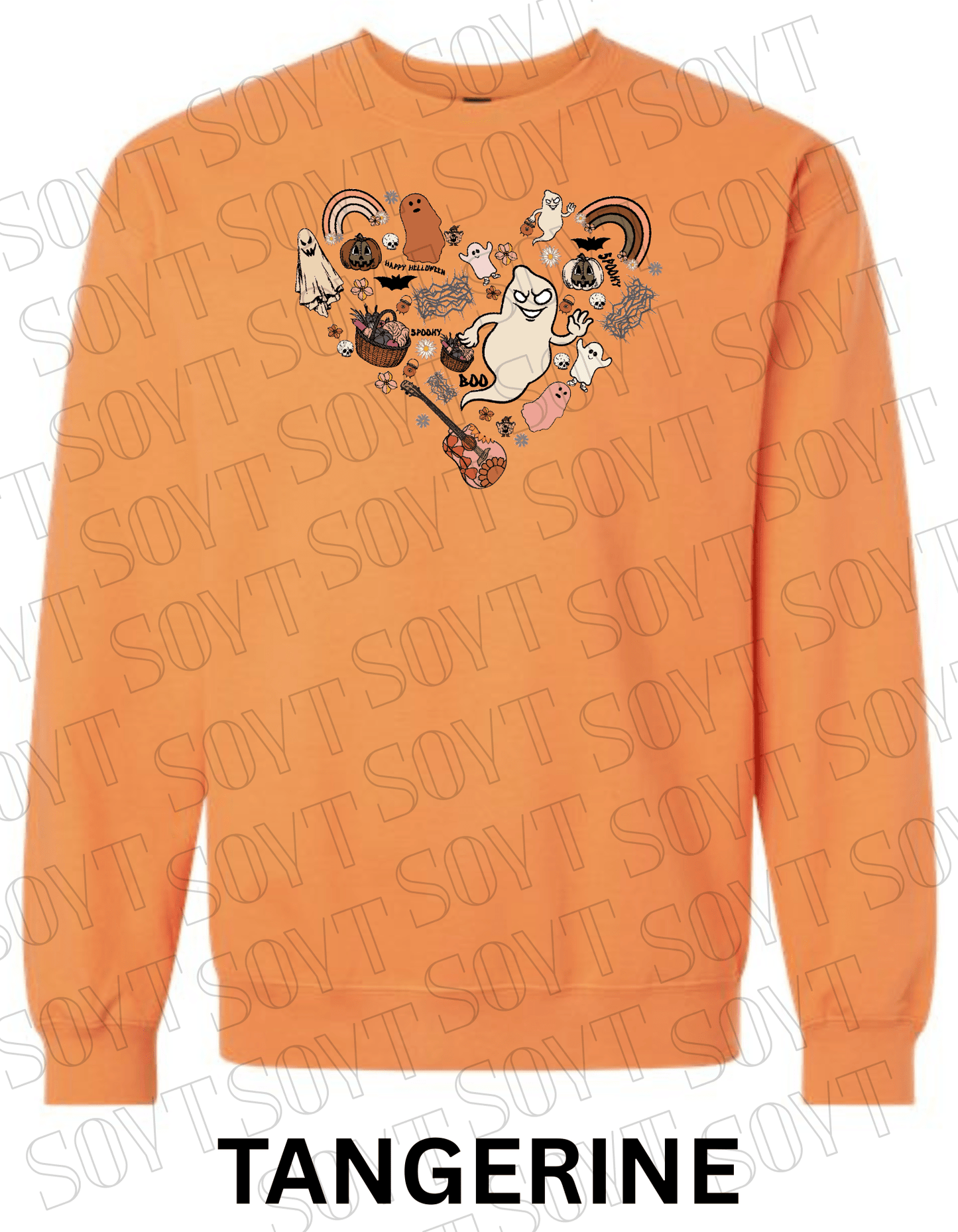 Halloween Heart Collage Sweatshirt – Retro Ghosts, Rainbows, Fall Pumpkins & Guitar Fleece Pullover - Festive Apparel StoreTangerine