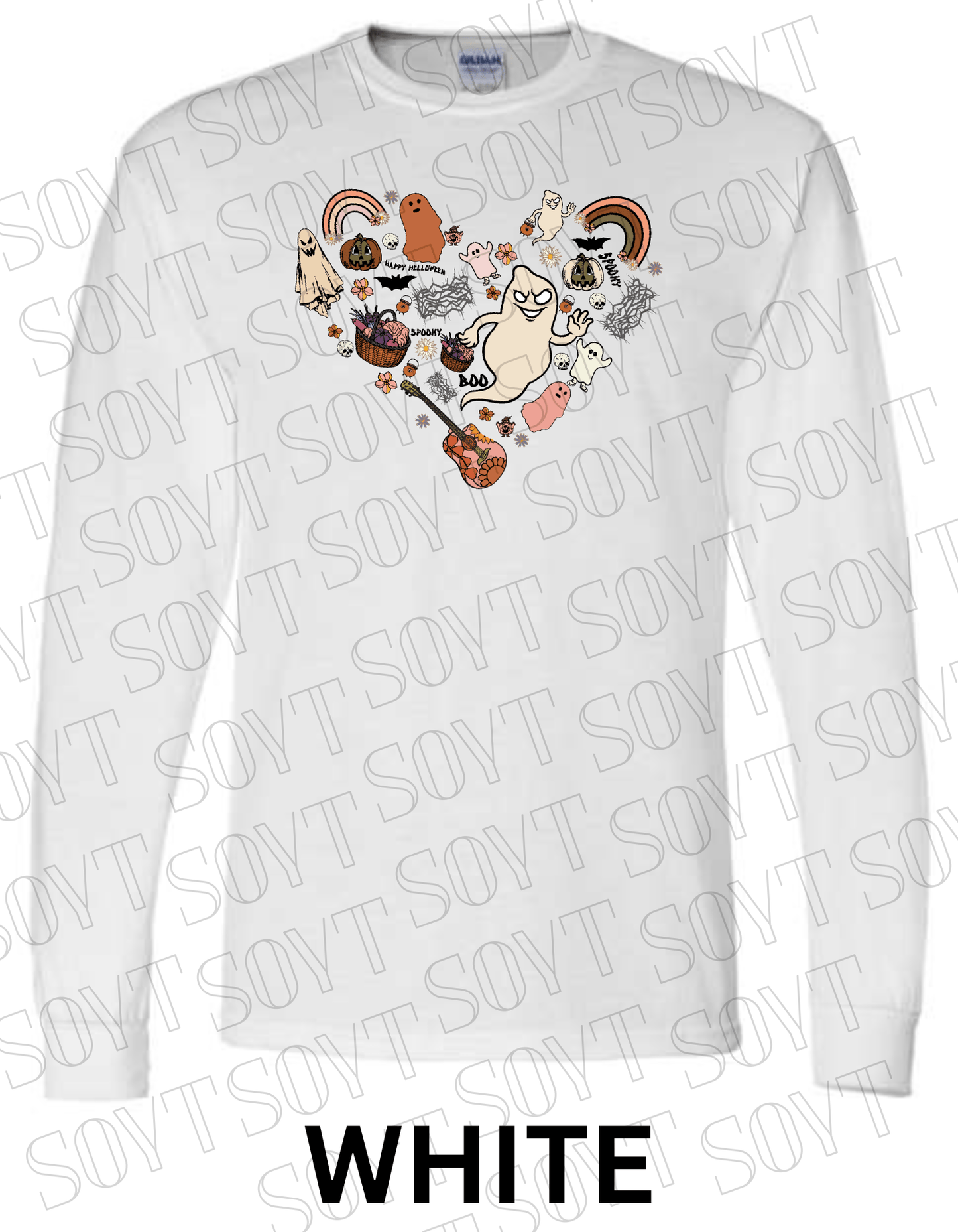 Halloween Heart Collage Sweatshirt – Retro Ghosts, Rainbows, Fall Pumpkins & Guitar Fleece Pullover - Festive Apparel StoreWhite