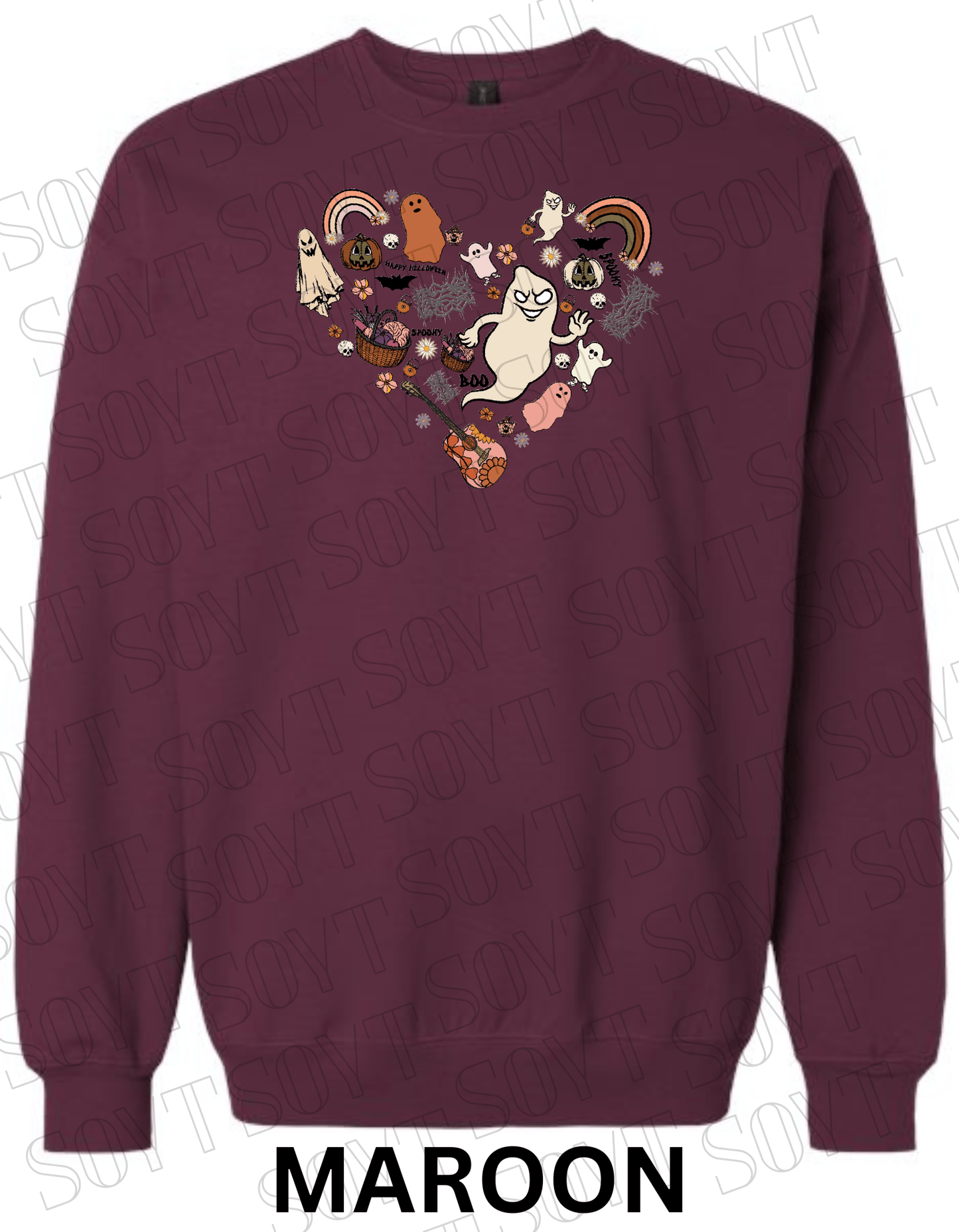 Halloween Heart Collage Sweatshirt – Retro Ghosts, Rainbows, Fall Pumpkins & Guitar Fleece Pullover - Festive Apparel StoreMaroon