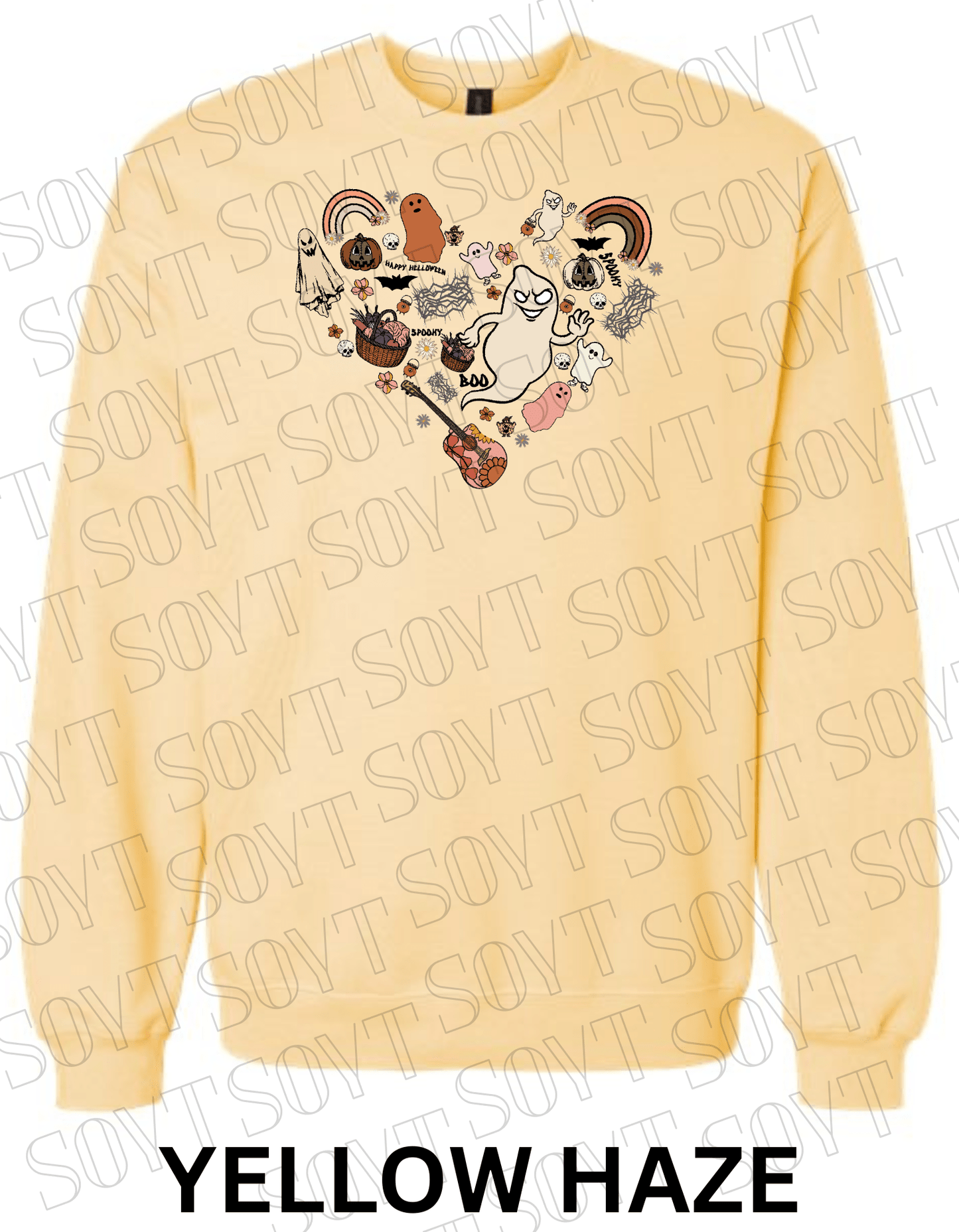 Halloween Heart Collage Sweatshirt – Retro Ghosts, Rainbows, Fall Pumpkins & Guitar Fleece Pullover - Festive Apparel StoreYellow Haze