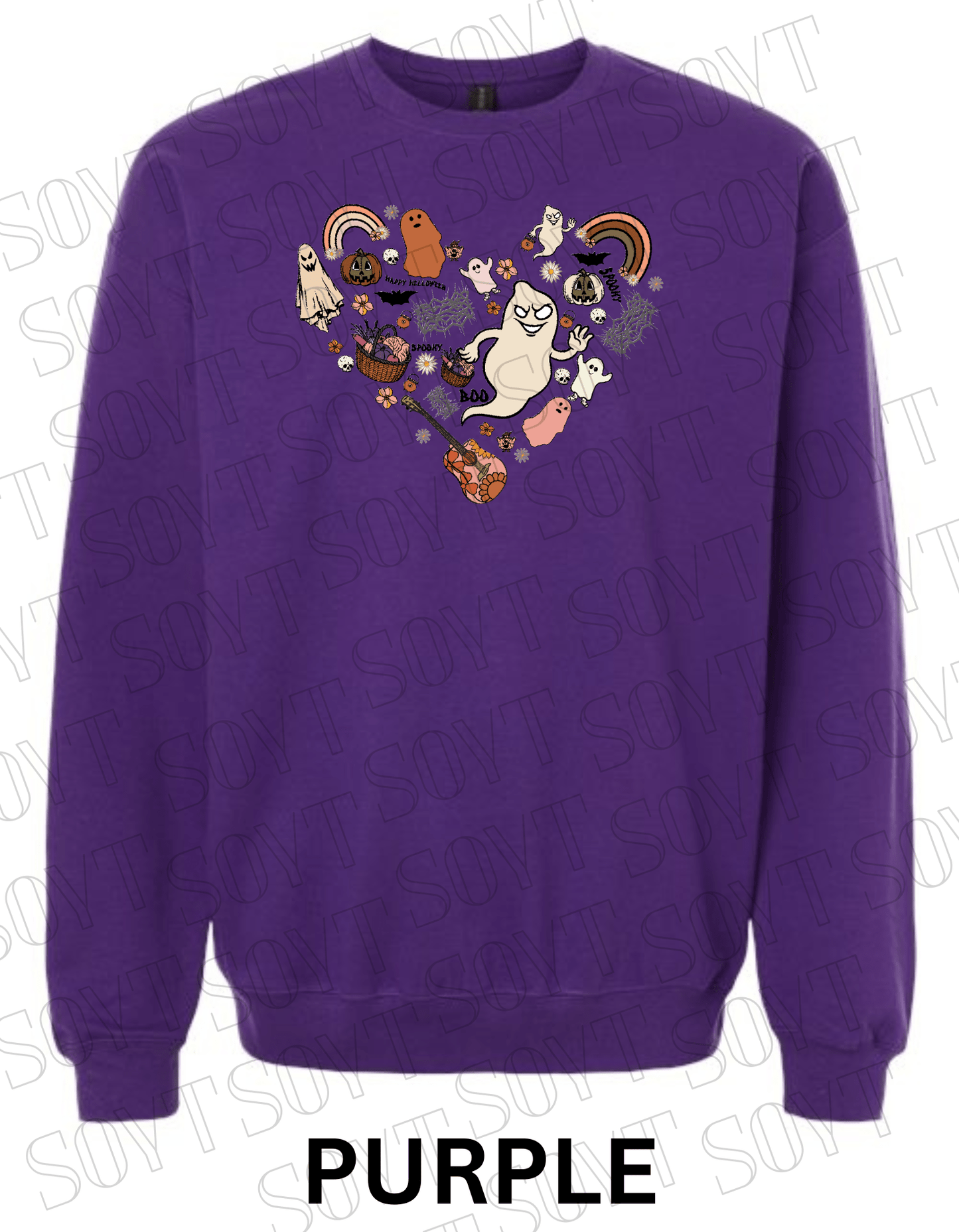 Halloween Heart Collage Sweatshirt – Retro Ghosts, Rainbows, Fall Pumpkins & Guitar Fleece Pullover - Festive Apparel StorePurple