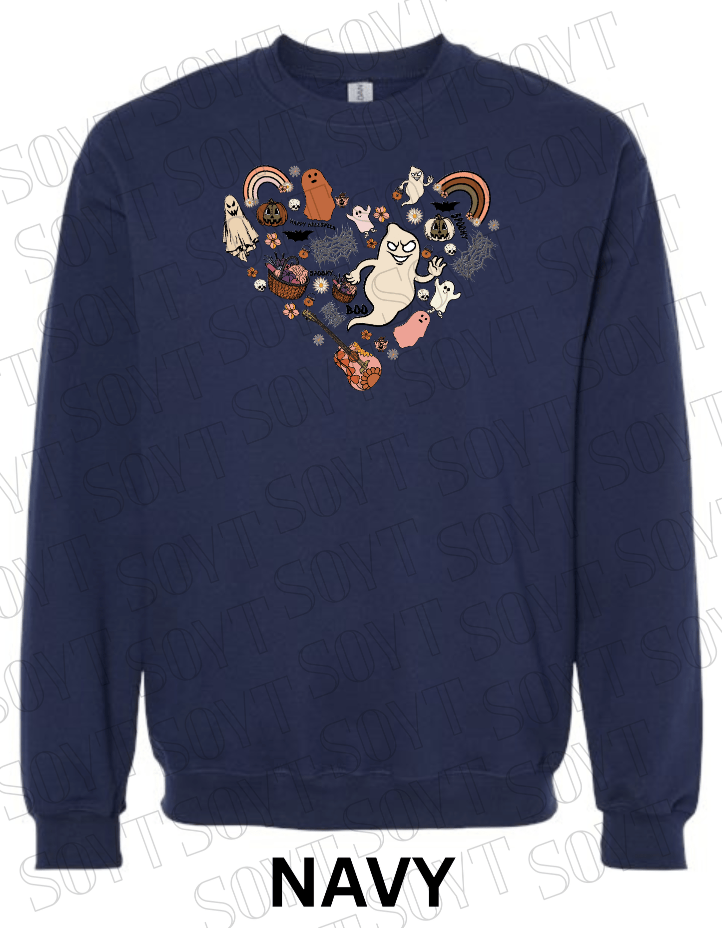 Halloween Heart Collage Sweatshirt – Retro Ghosts, Rainbows, Fall Pumpkins & Guitar Fleece Pullover - Festive Apparel StoreNavy Blue