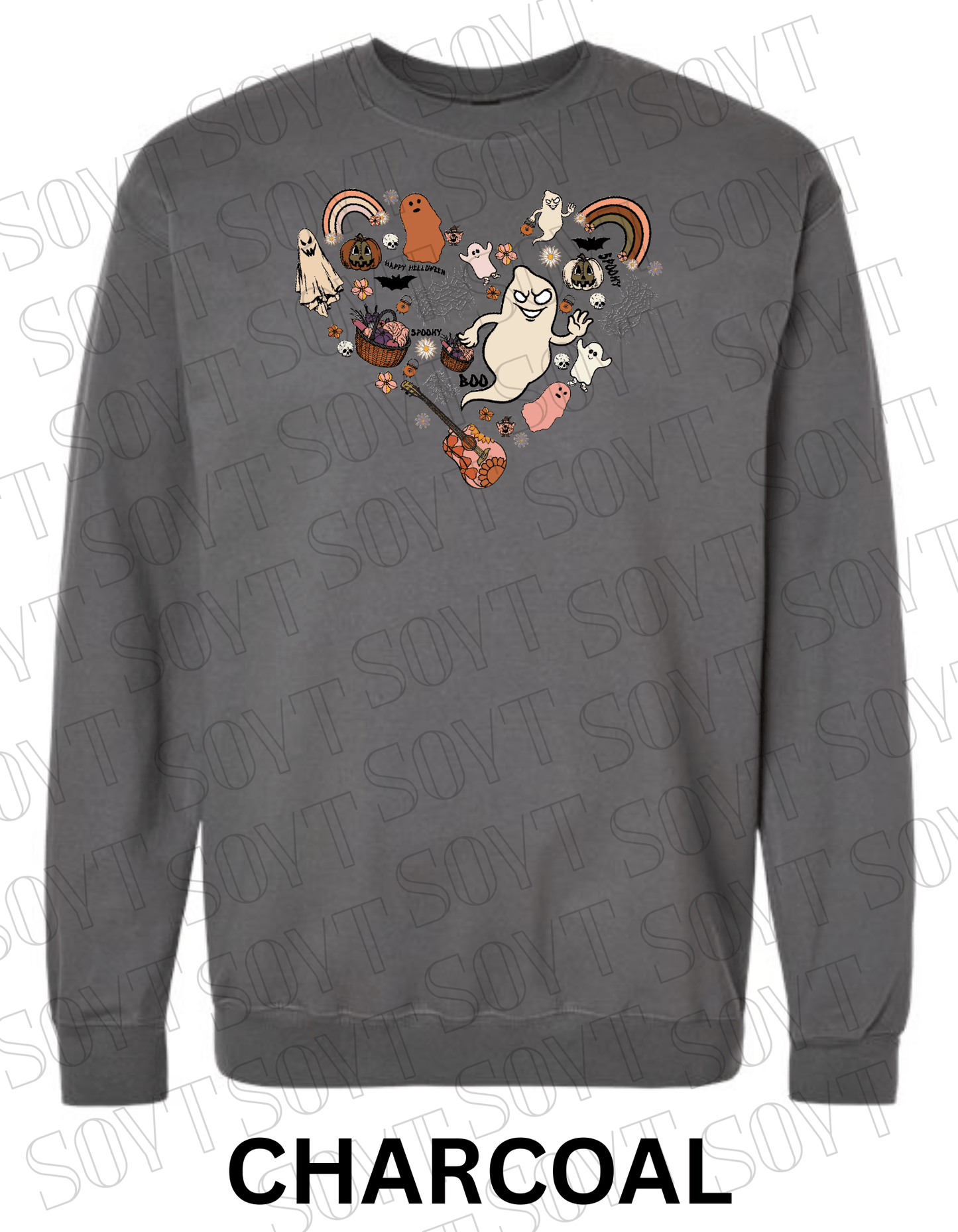 Halloween Heart Collage Sweatshirt – Retro Ghosts, Rainbows, Fall Pumpkins & Guitar Fleece Pullover - Festive Apparel StoreCharcoal