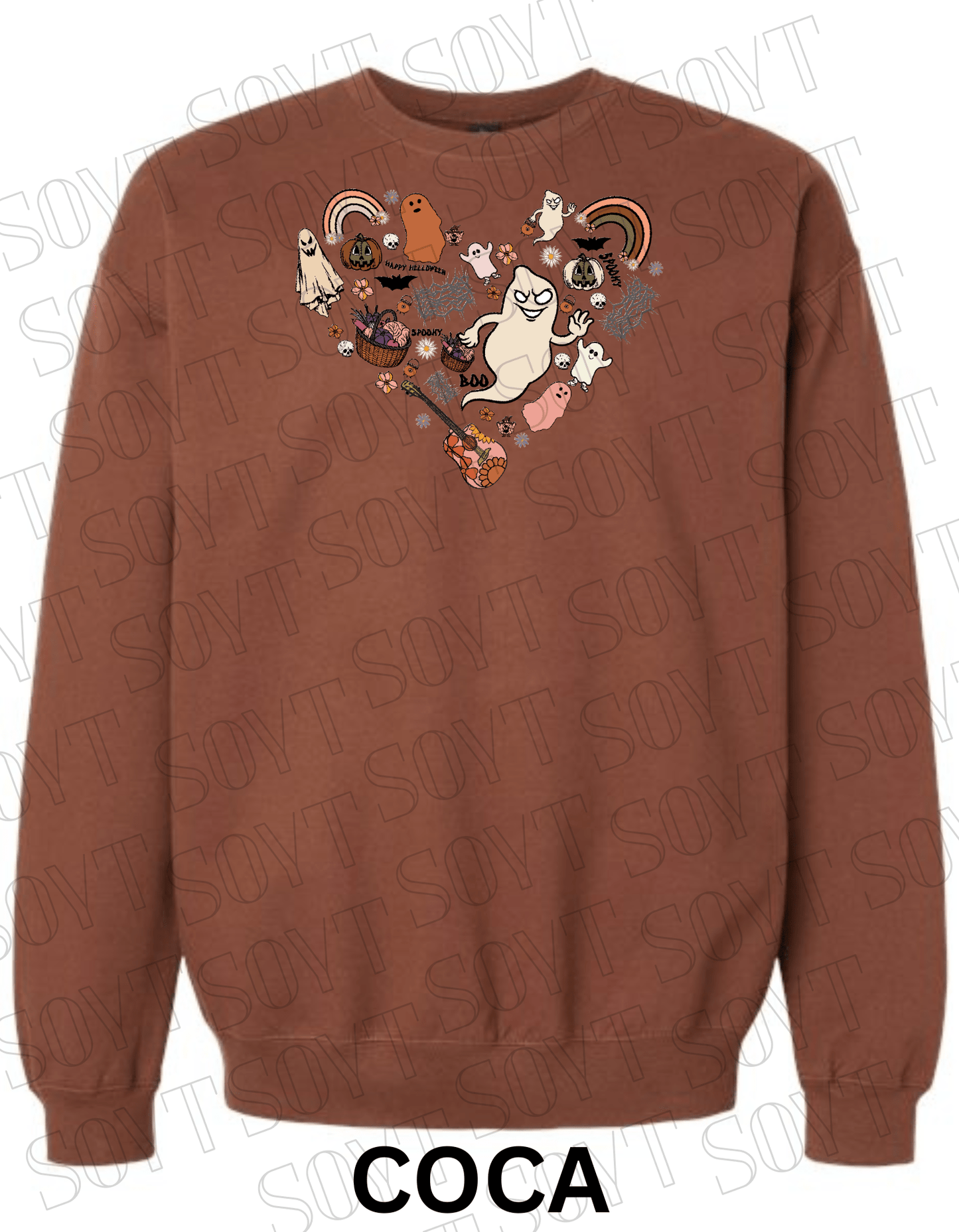 Halloween Heart Collage Sweatshirt – Retro Ghosts, Rainbows, Fall Pumpkins & Guitar Fleece Pullover - Festive Apparel StoreCocoa Brown