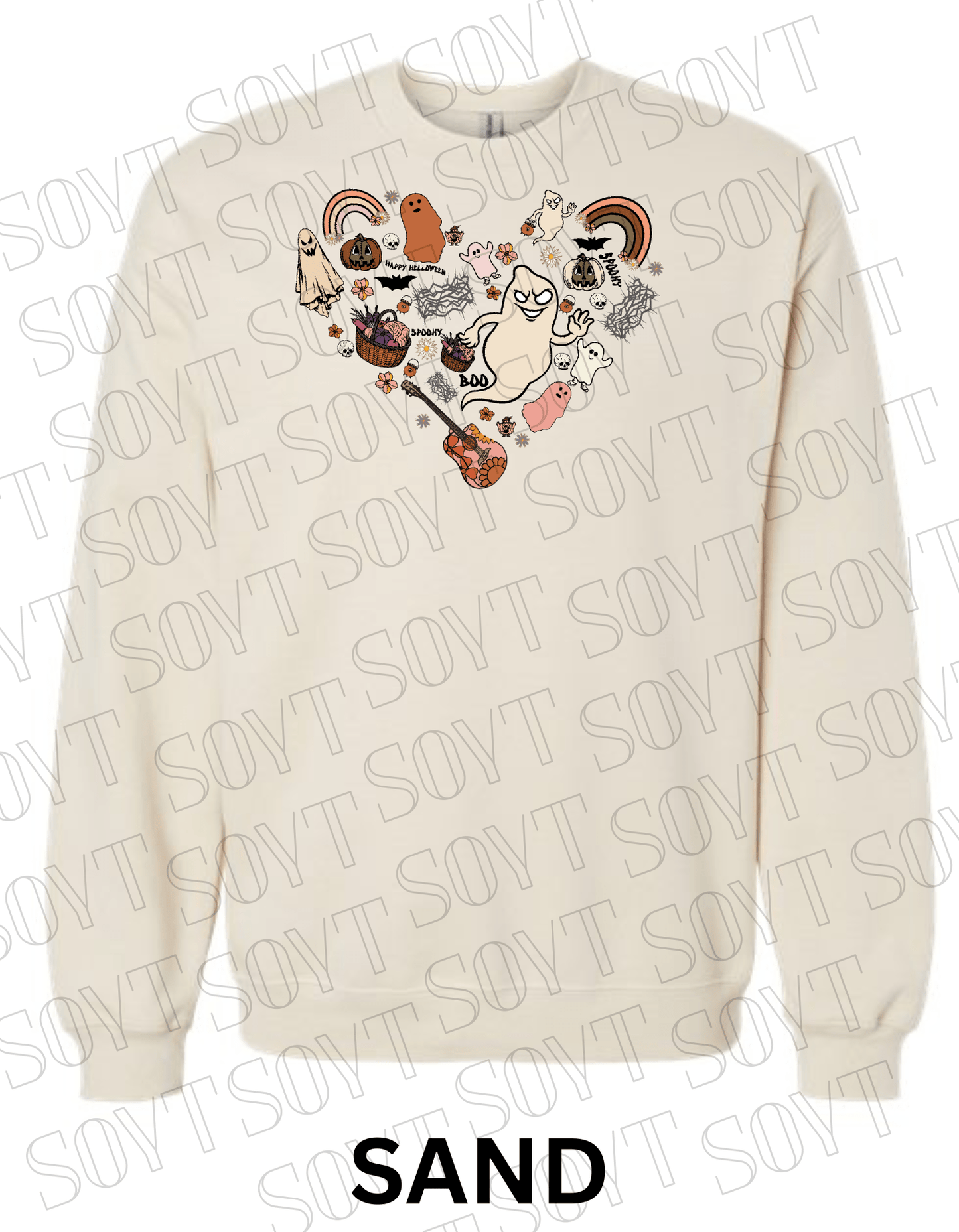 Halloween Heart Collage Sweatshirt – Retro Ghosts, Rainbows, Fall Pumpkins & Guitar Fleece Pullover - Festive Apparel StoreSand