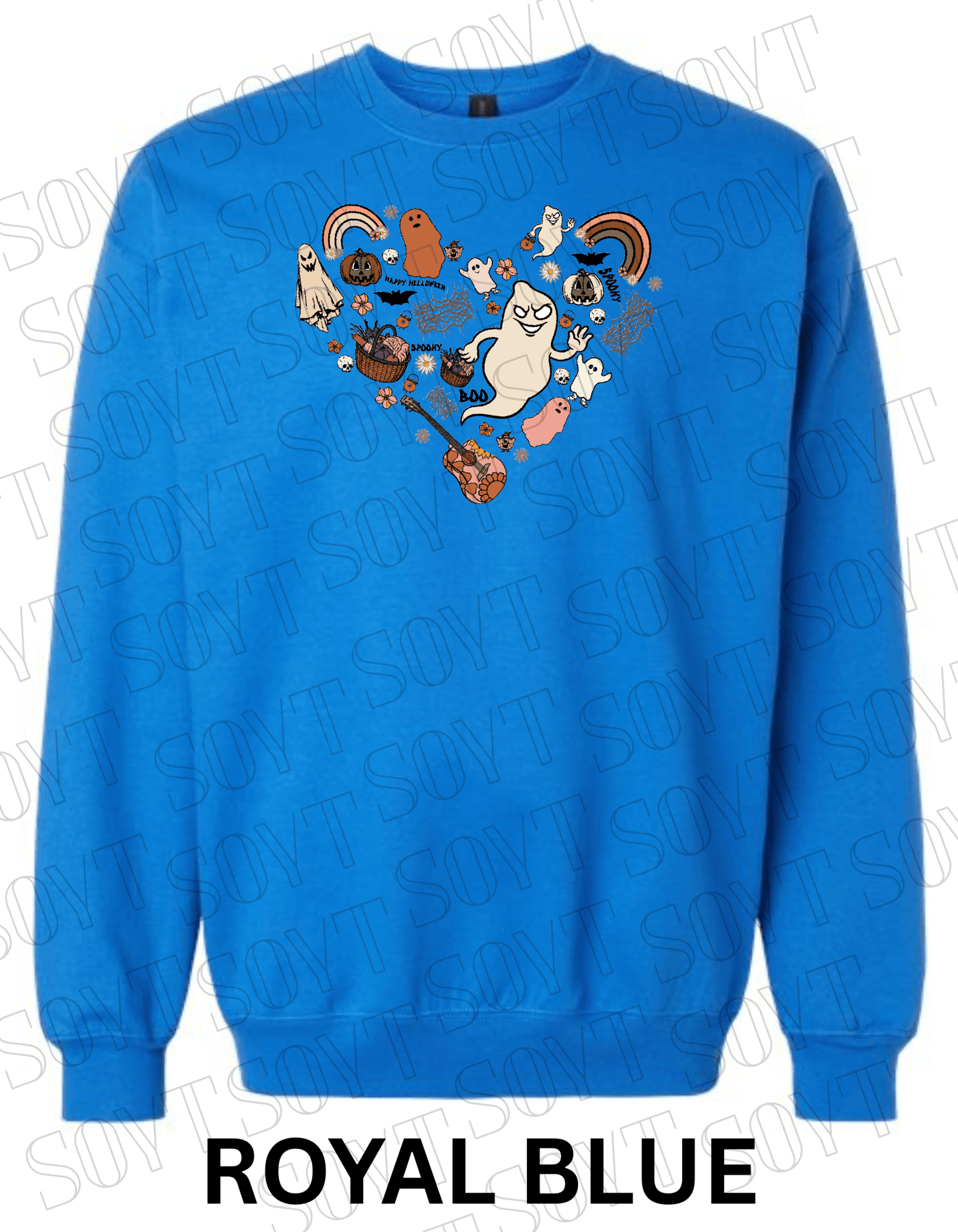 Halloween Heart Collage Sweatshirt – Retro Ghosts, Rainbows, Fall Pumpkins & Guitar Fleece Pullover - Festive Apparel StoreRoyal Blue