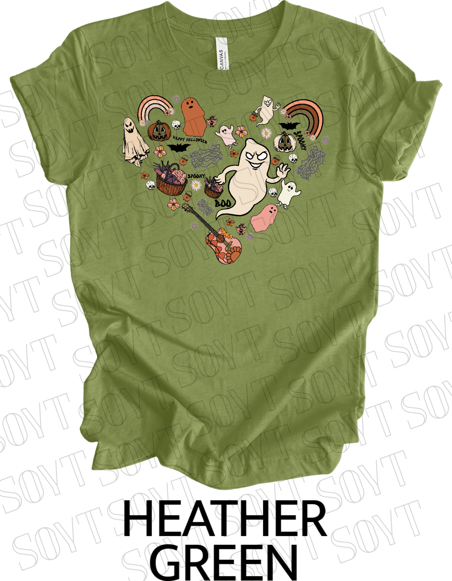 Halloween Heart Collage T-Shirt – Groovy Ghosts, Pumpkins, Rainbows & Retro Fall Guitar Tee - Festive Apparel StoreHeather Green