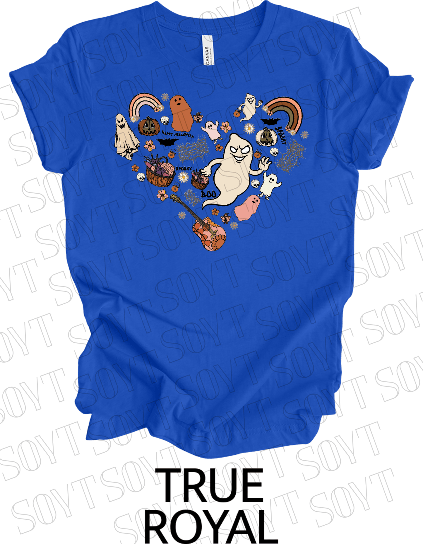 Halloween Heart Collage T-Shirt – Groovy Ghosts, Pumpkins, Rainbows & Retro Fall Guitar Tee - Festive Apparel StoreRoyal Blue