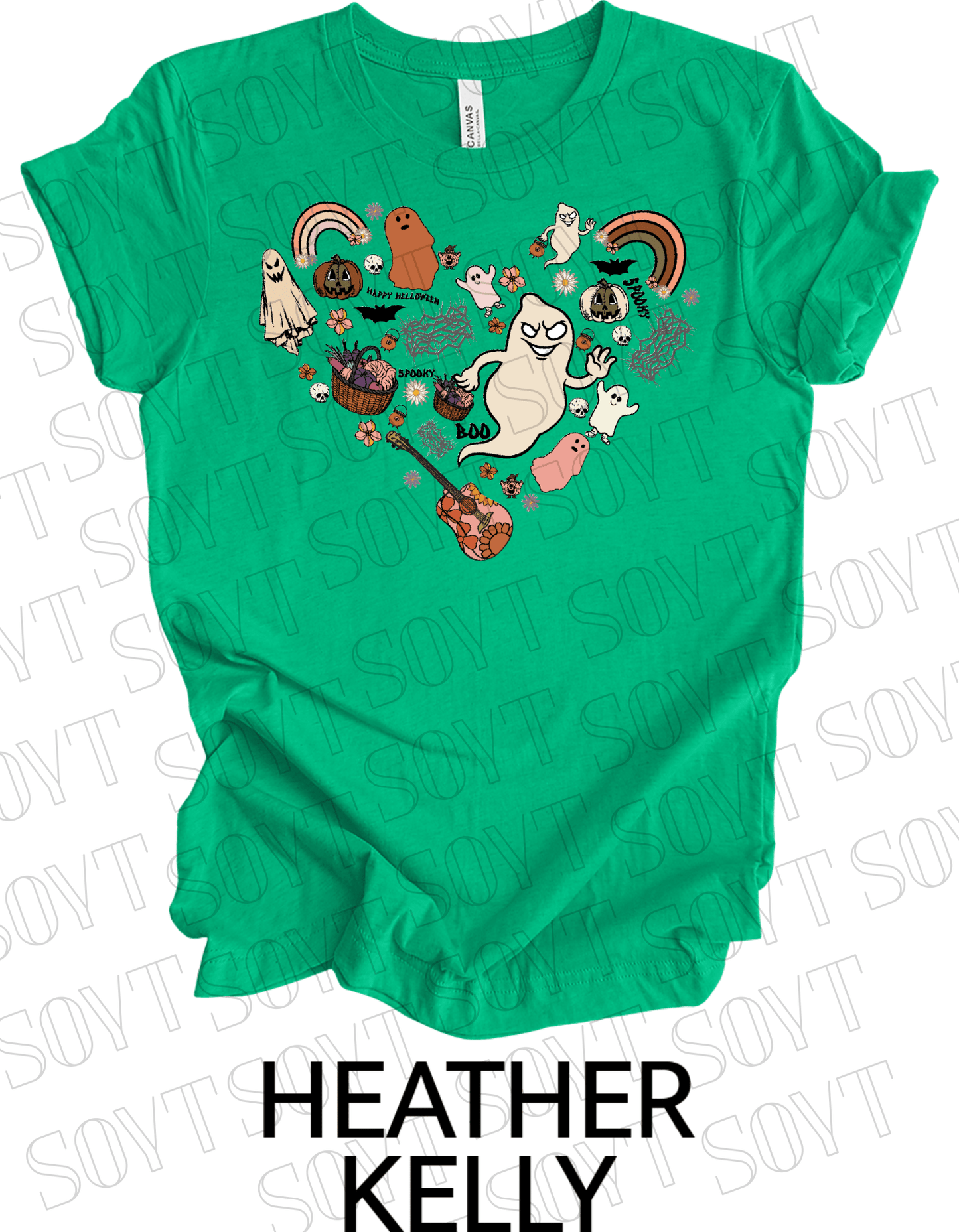 Halloween Heart Collage T-Shirt – Groovy Ghosts, Pumpkins, Rainbows & Retro Fall Guitar Tee - Festive Apparel StoreHeather Kelly Green