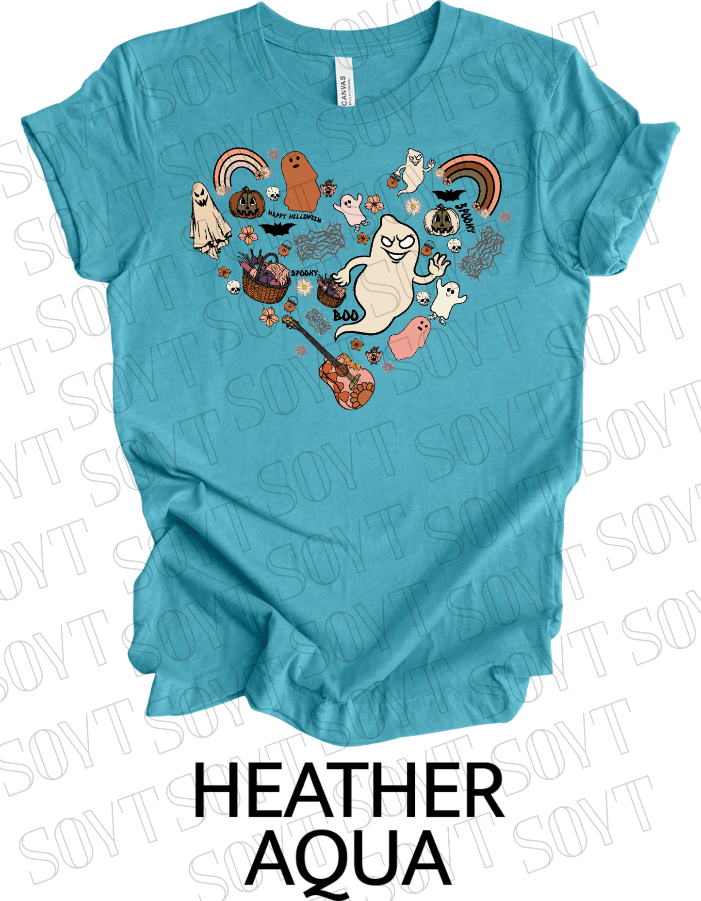 Halloween Heart Collage T-Shirt – Groovy Ghosts, Pumpkins, Rainbows & Retro Fall Guitar Tee - Festive Apparel StoreHeather Aqua
