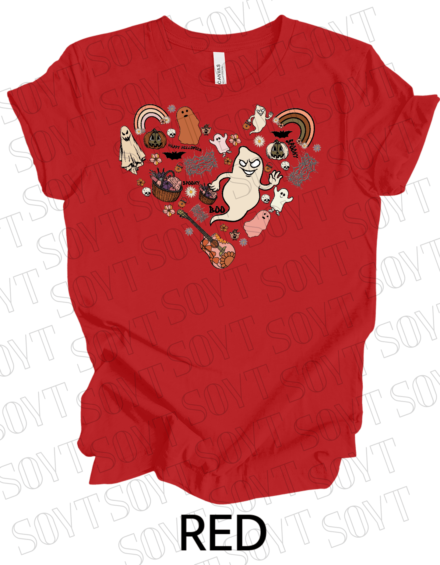 Halloween Heart Collage T-Shirt – Groovy Ghosts, Pumpkins, Rainbows & Retro Fall Guitar Tee - Festive Apparel StoreRed