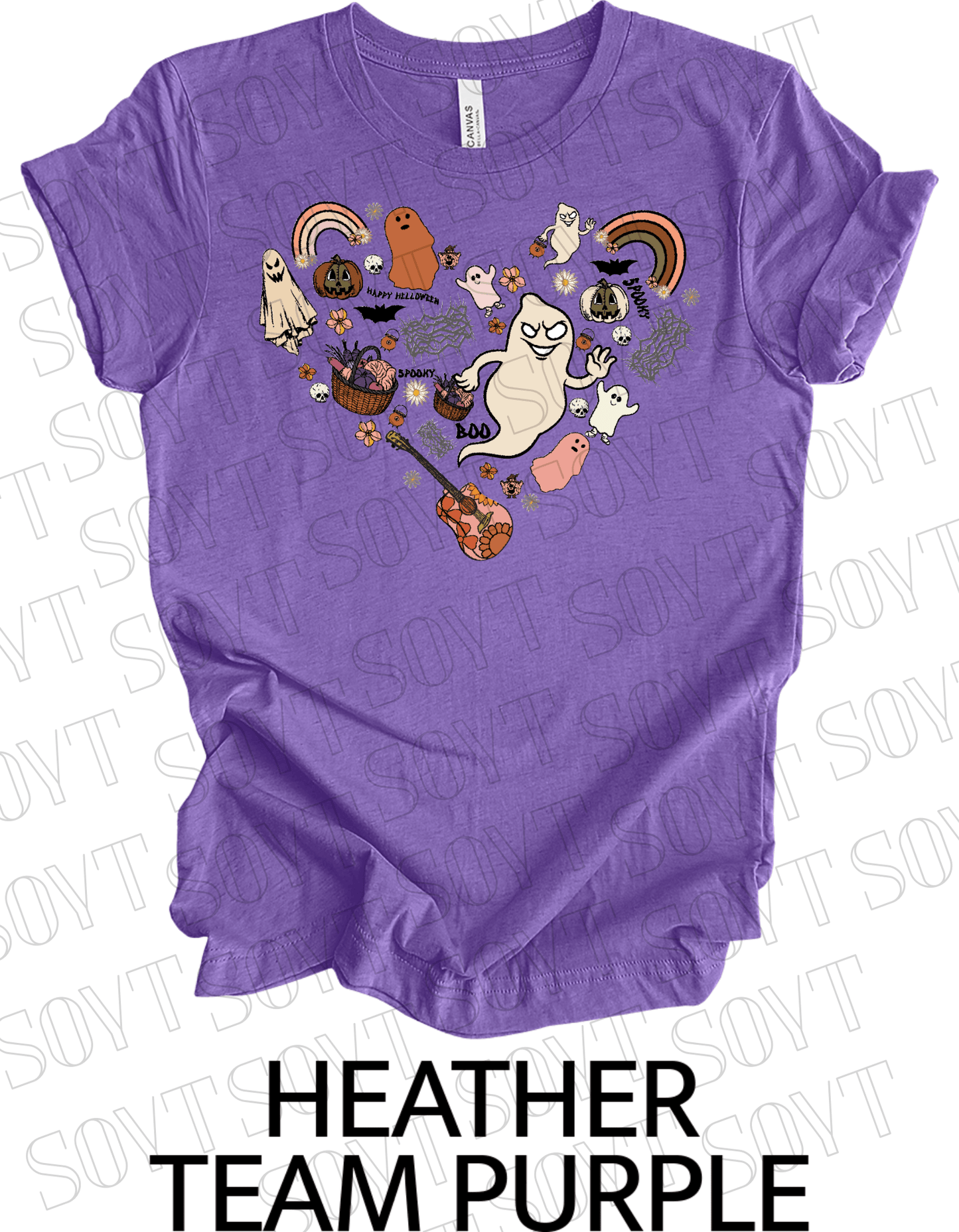 Halloween Heart Collage T-Shirt – Groovy Ghosts, Pumpkins, Rainbows & Retro Fall Guitar Tee - Festive Apparel StoreHeather Purple