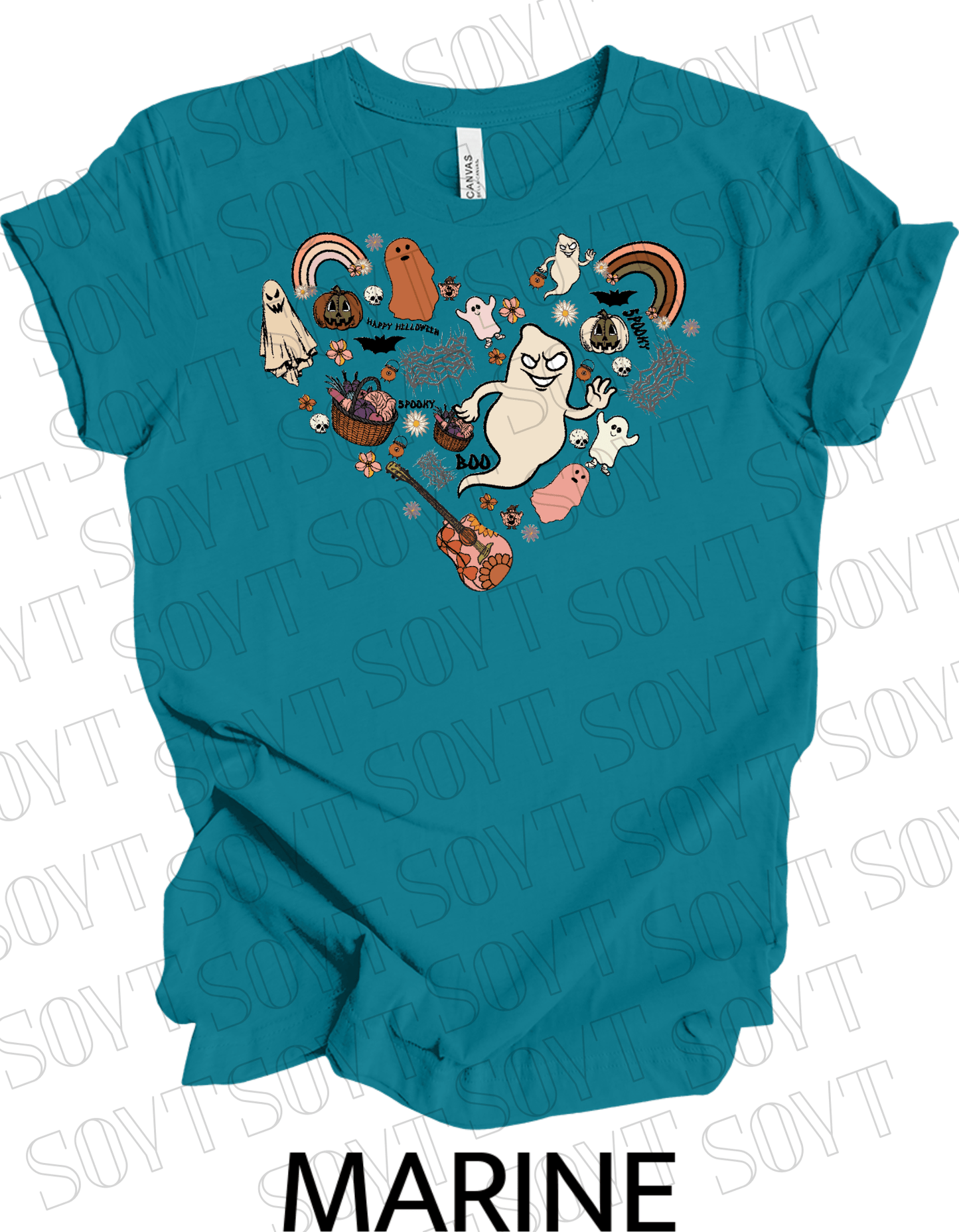 Halloween Heart Collage T-Shirt – Groovy Ghosts, Pumpkins, Rainbows & Retro Fall Guitar Tee - Festive Apparel StoreMarine