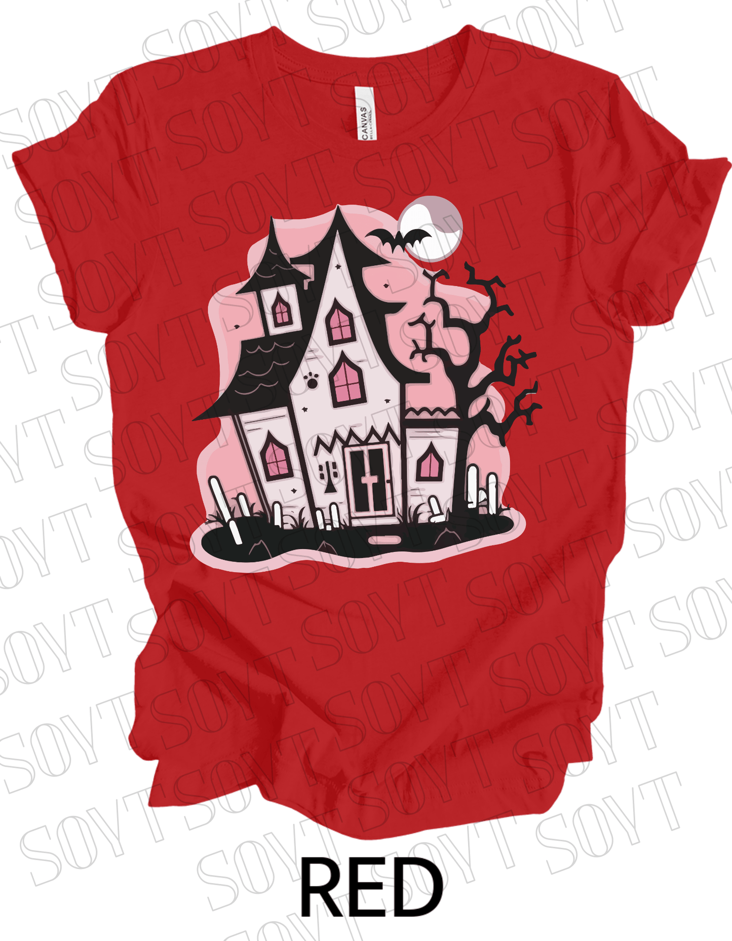 "Haunted Manor" Halloween T-Shirt – Pink Haunted House Graphic Tee for Spooky Season Style - Festive Apparel StoreRed