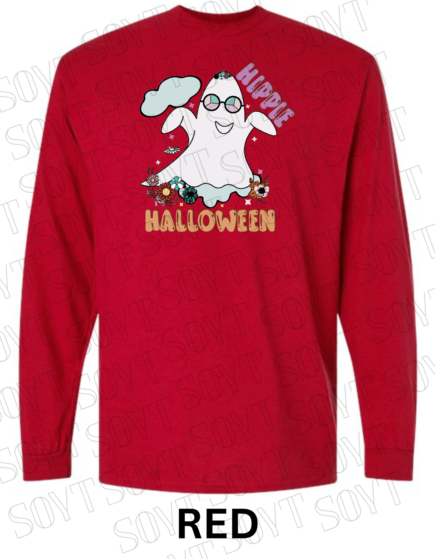 Hippie Halloween Long Sleeve – Retro Ghost with Flower Crown & Groovy Glasses Shirt - Festive Apparel StoreRed