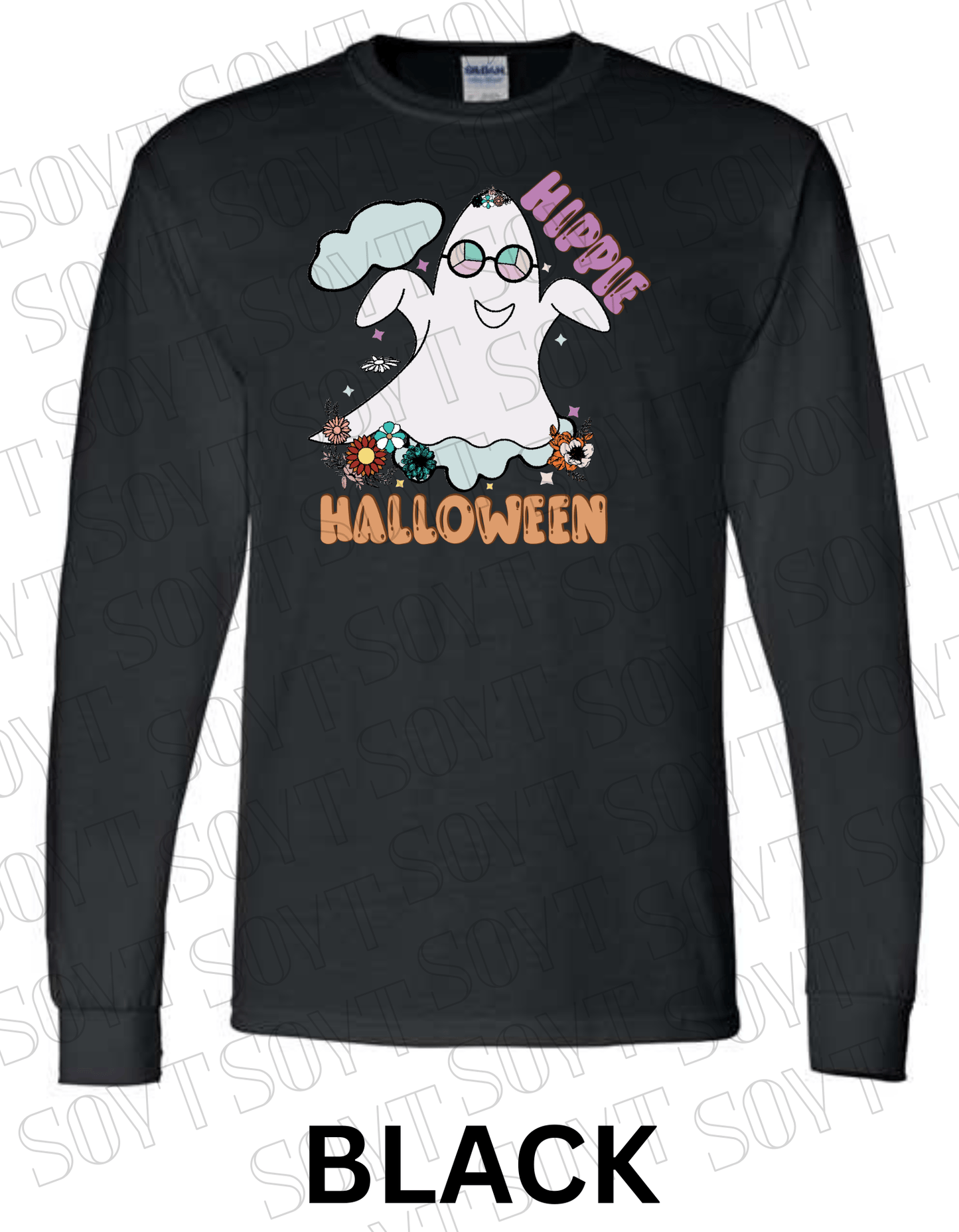 Hippie Halloween Long Sleeve – Retro Ghost with Flower Crown & Groovy Glasses Shirt - Festive Apparel StoreBlack