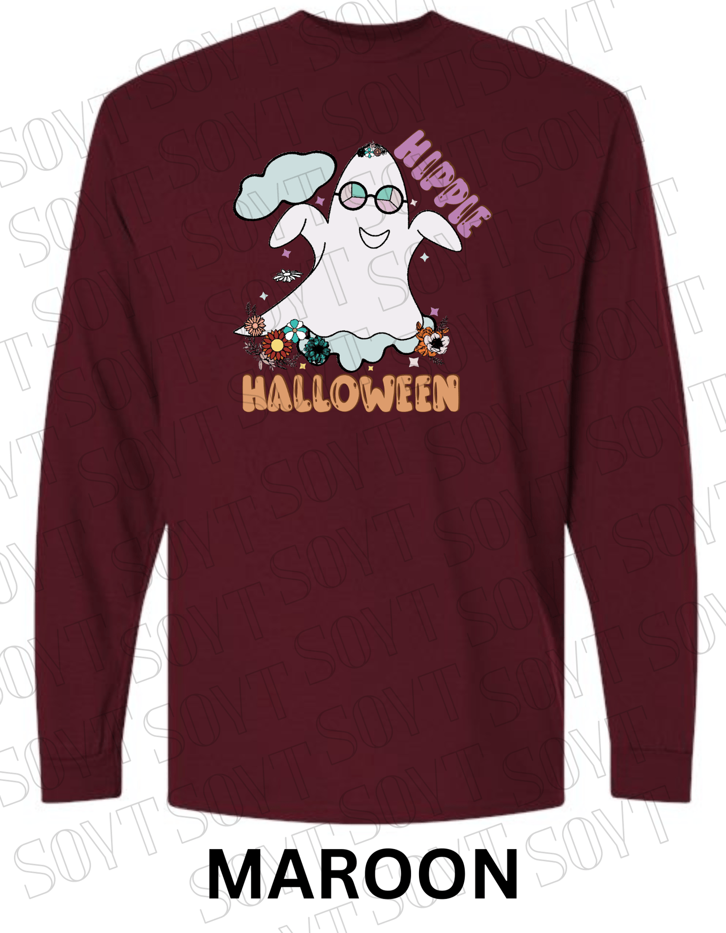 Hippie Halloween Long Sleeve – Retro Ghost with Flower Crown & Groovy Glasses Shirt - Festive Apparel StoreMaroon