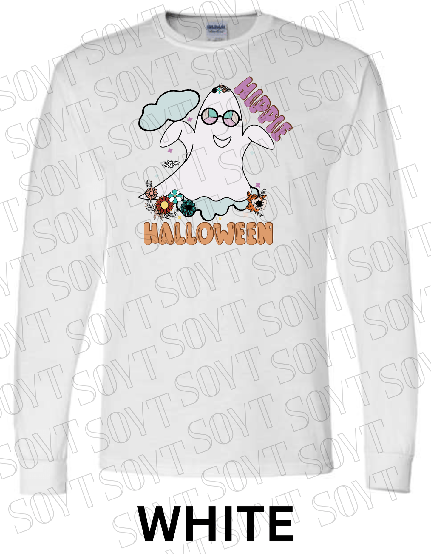 Hippie Halloween Long Sleeve – Retro Ghost with Flower Crown & Groovy Glasses Shirt - Festive Apparel StoreWhite