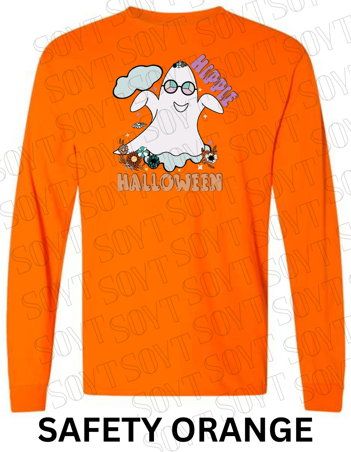 Hippie Halloween Long Sleeve – Retro Ghost with Flower Crown & Groovy Glasses Shirt - Festive Apparel StoreSafety Orange