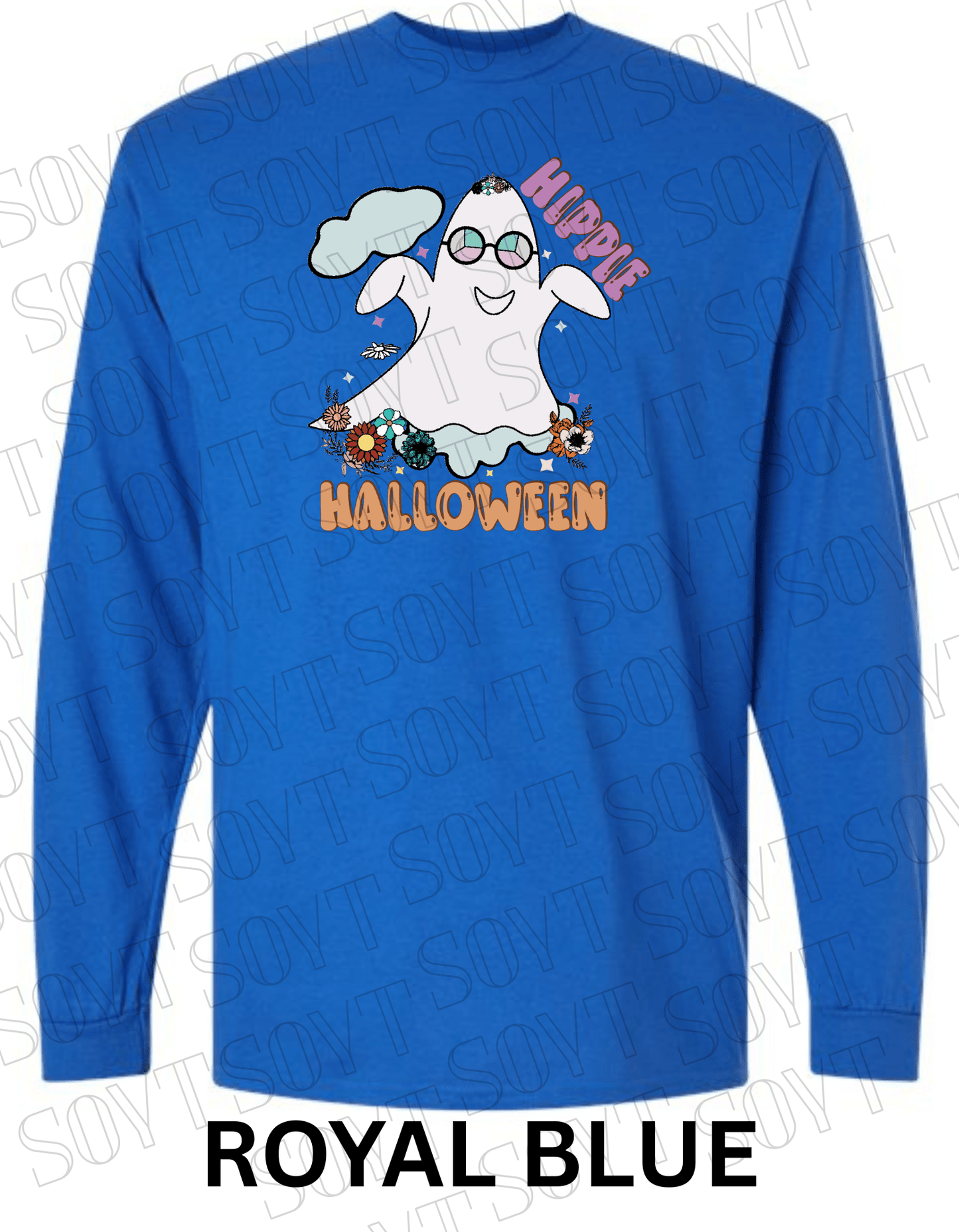 Hippie Halloween Long Sleeve – Retro Ghost with Flower Crown & Groovy Glasses Shirt - Festive Apparel StoreRoyal Blue