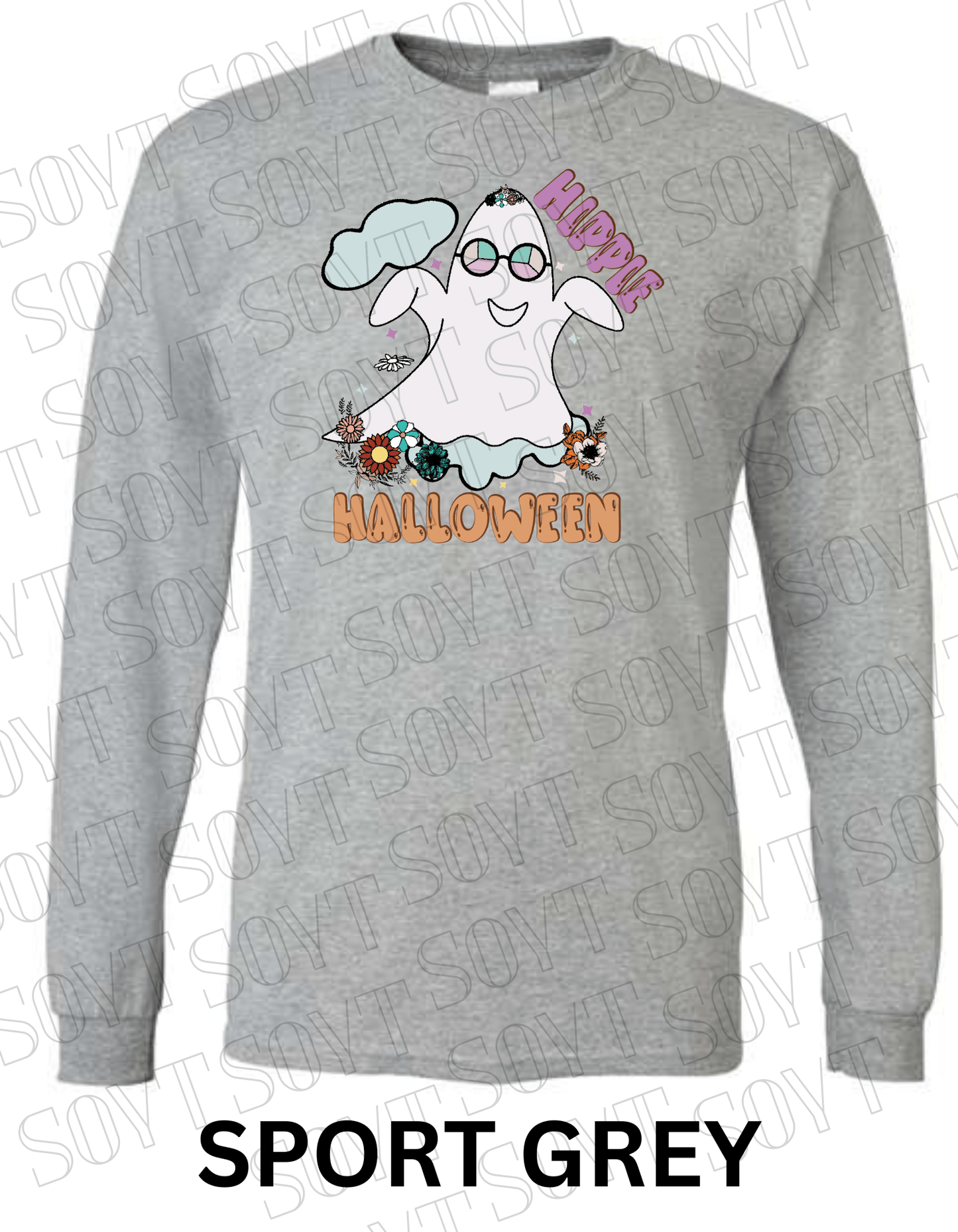 Hippie Halloween Long Sleeve – Retro Ghost with Flower Crown & Groovy Glasses Shirt - Festive Apparel StoreSport Grey
