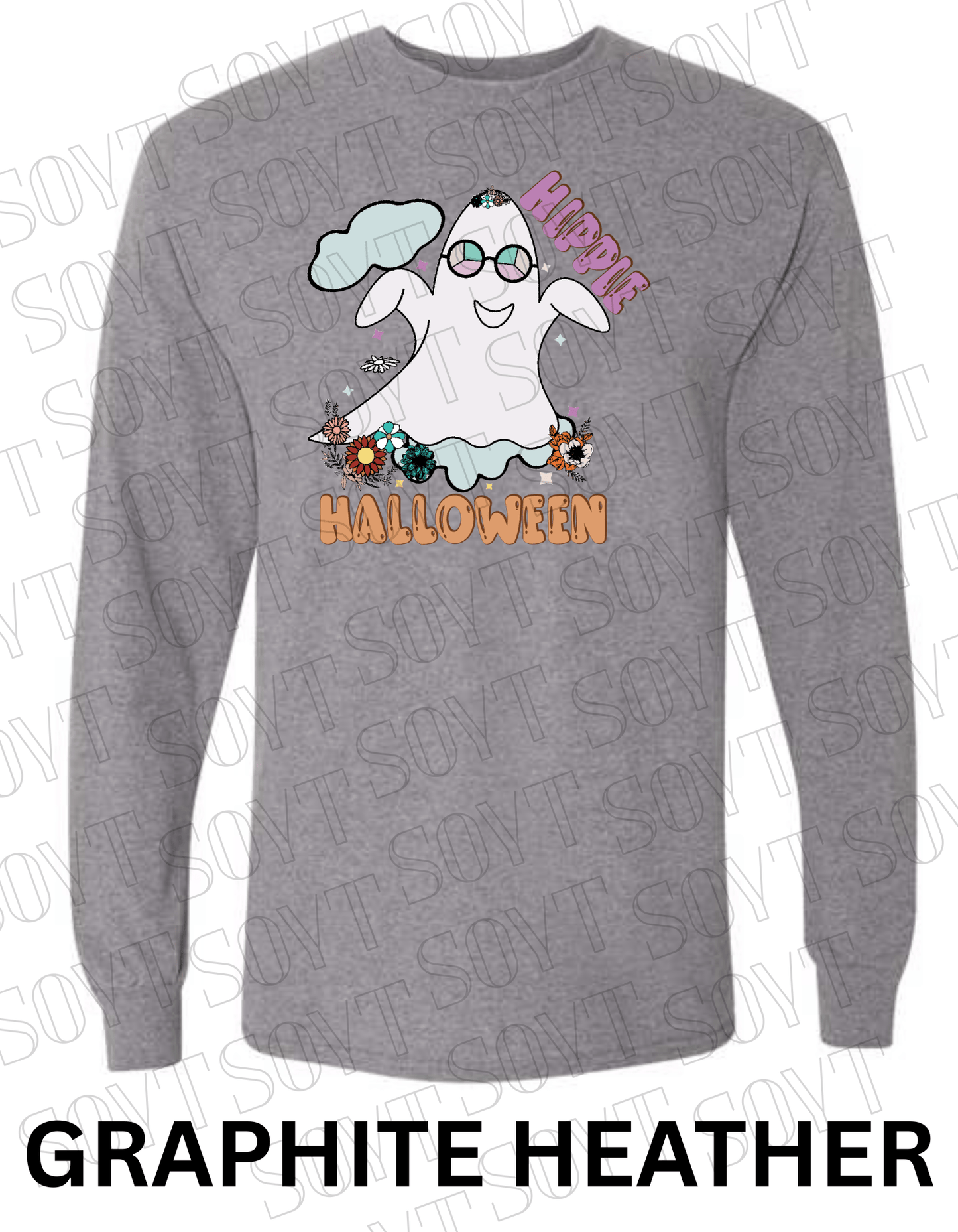 Hippie Halloween Long Sleeve – Retro Ghost with Flower Crown & Groovy Glasses Shirt - Festive Apparel StoreGraphite Heather