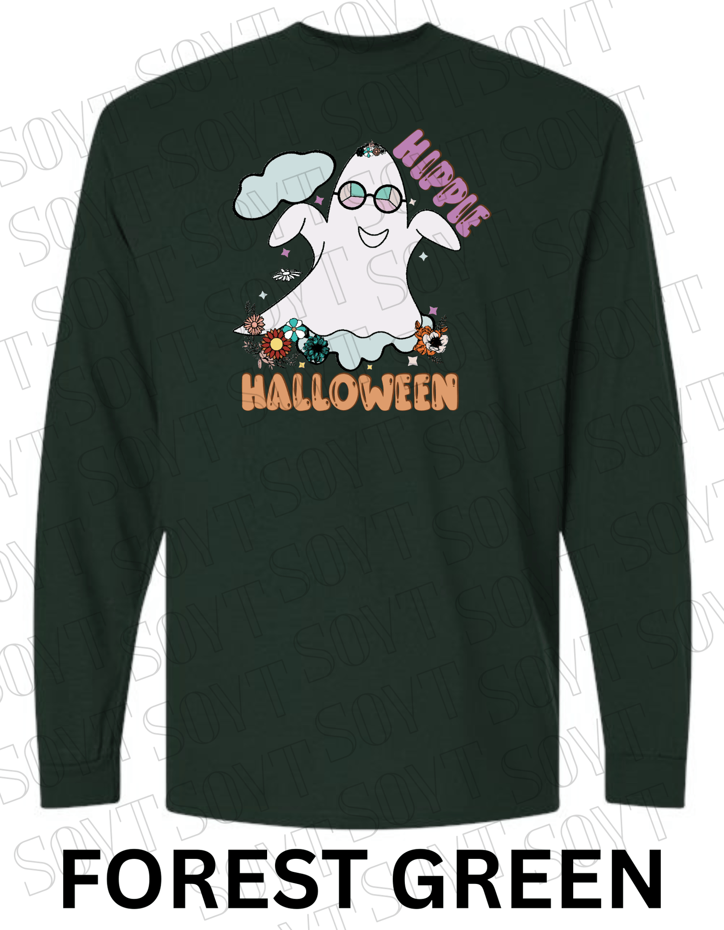 Hippie Halloween Long Sleeve – Retro Ghost with Flower Crown & Groovy Glasses Shirt - Festive Apparel StoreForest Green