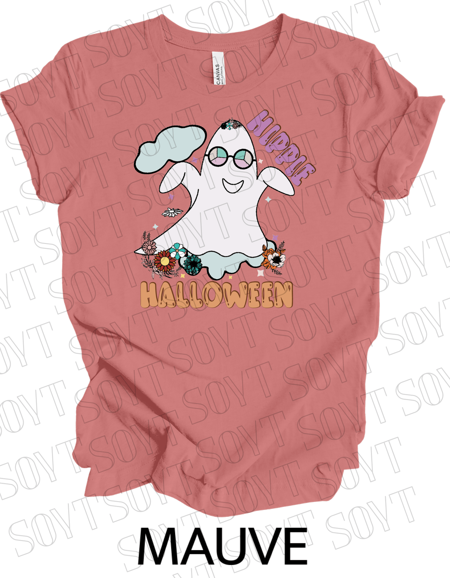 Hippie Halloween T-Shirt – Retro Flower Crown Ghost with Groovy Glasses & Fall Florals Graphic Tee - Festive Apparel StoreMauve