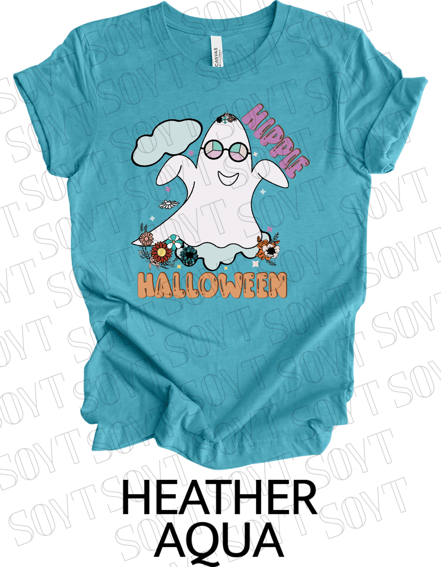 Hippie Halloween T-Shirt – Retro Flower Crown Ghost with Groovy Glasses & Fall Florals Graphic Tee - Festive Apparel StoreHeather Aqua