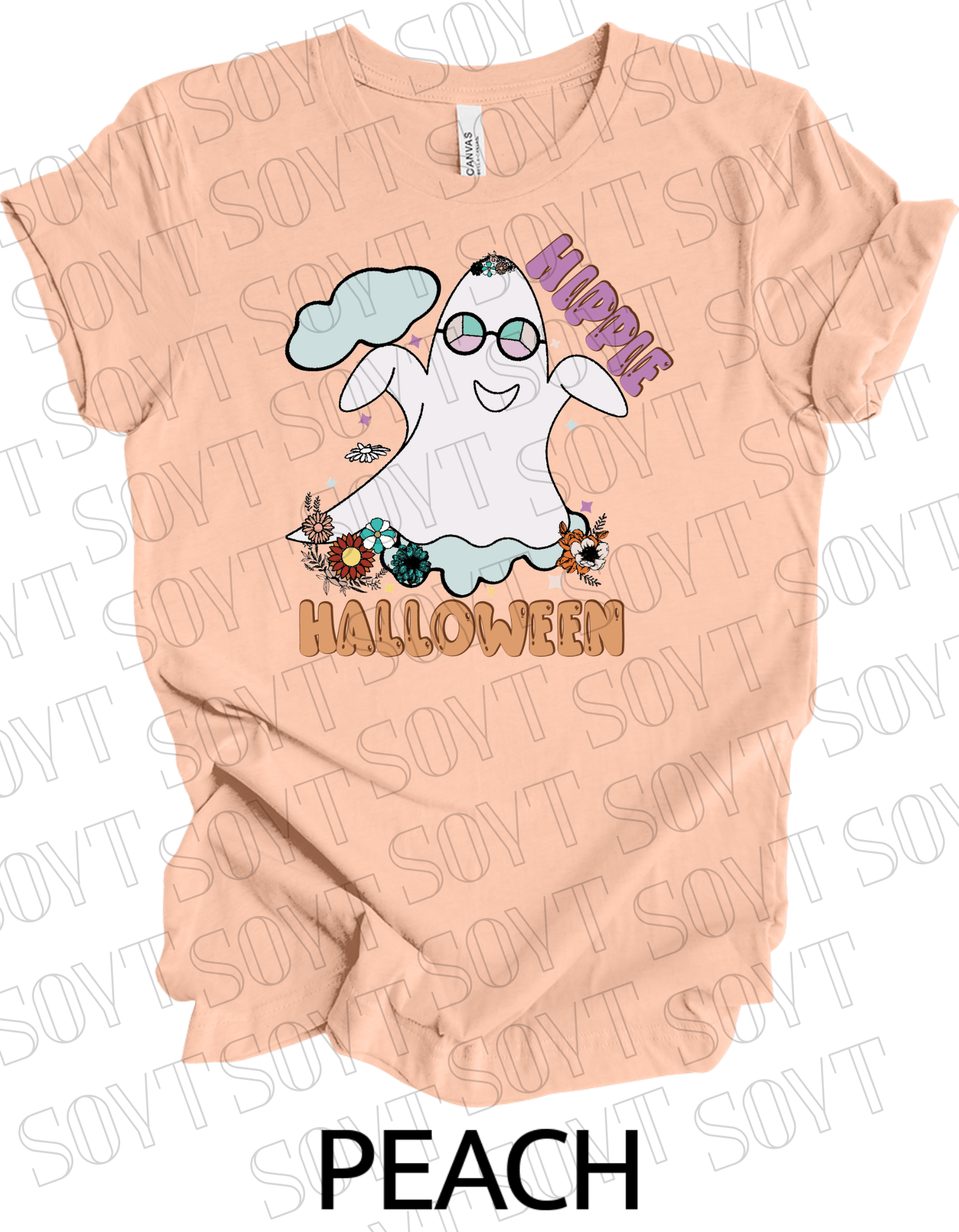 Hippie Halloween T-Shirt – Retro Flower Crown Ghost with Groovy Glasses & Fall Florals Graphic Tee - Festive Apparel StorePeach