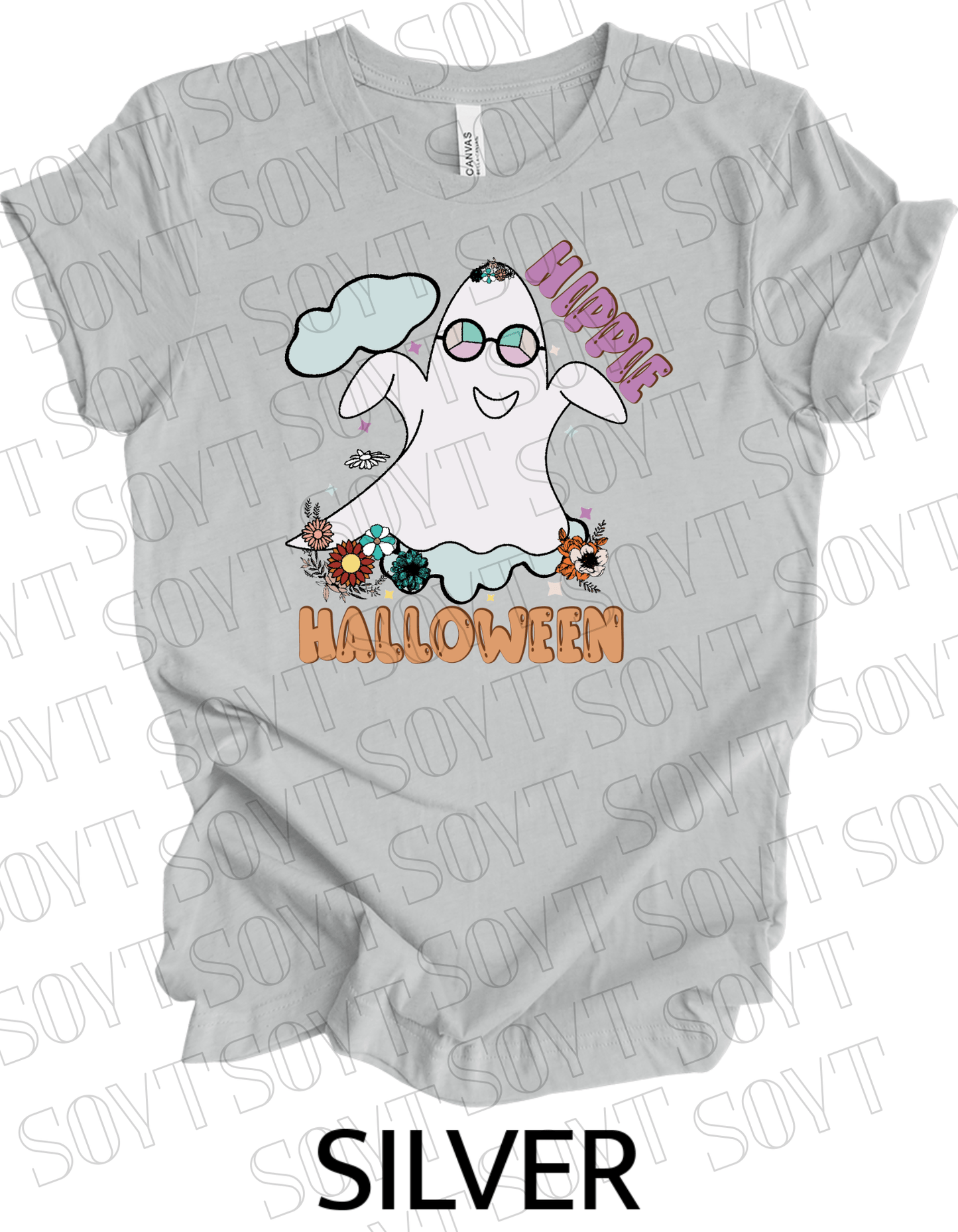 Hippie Halloween T-Shirt – Retro Flower Crown Ghost with Groovy Glasses & Fall Florals Graphic Tee - Festive Apparel StoreSilver