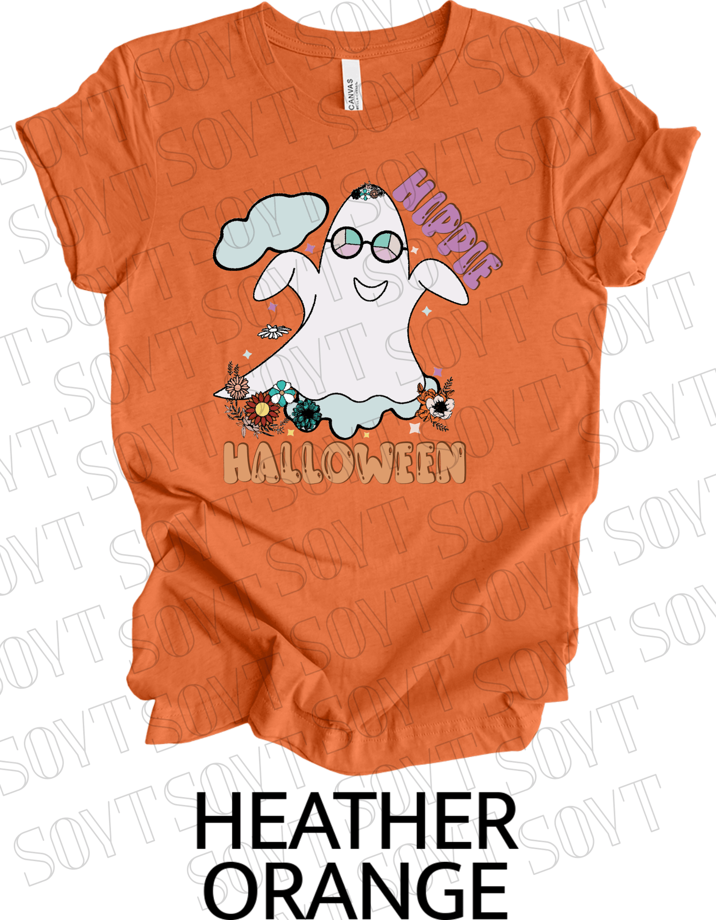 Hippie Halloween T-Shirt – Retro Flower Crown Ghost with Groovy Glasses & Fall Florals Graphic Tee - Festive Apparel StoreHeather Orange