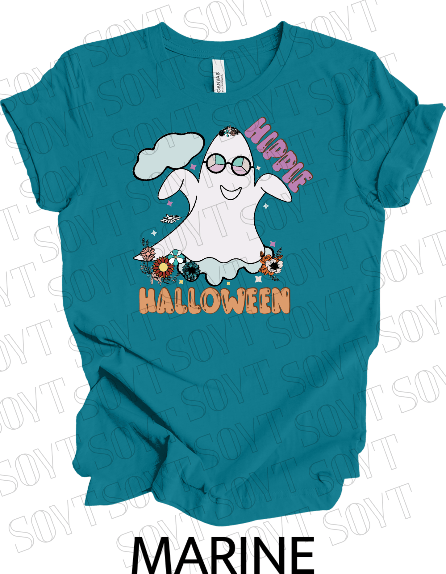 Hippie Halloween T-Shirt – Retro Flower Crown Ghost with Groovy Glasses & Fall Florals Graphic Tee - Festive Apparel StoreMarine