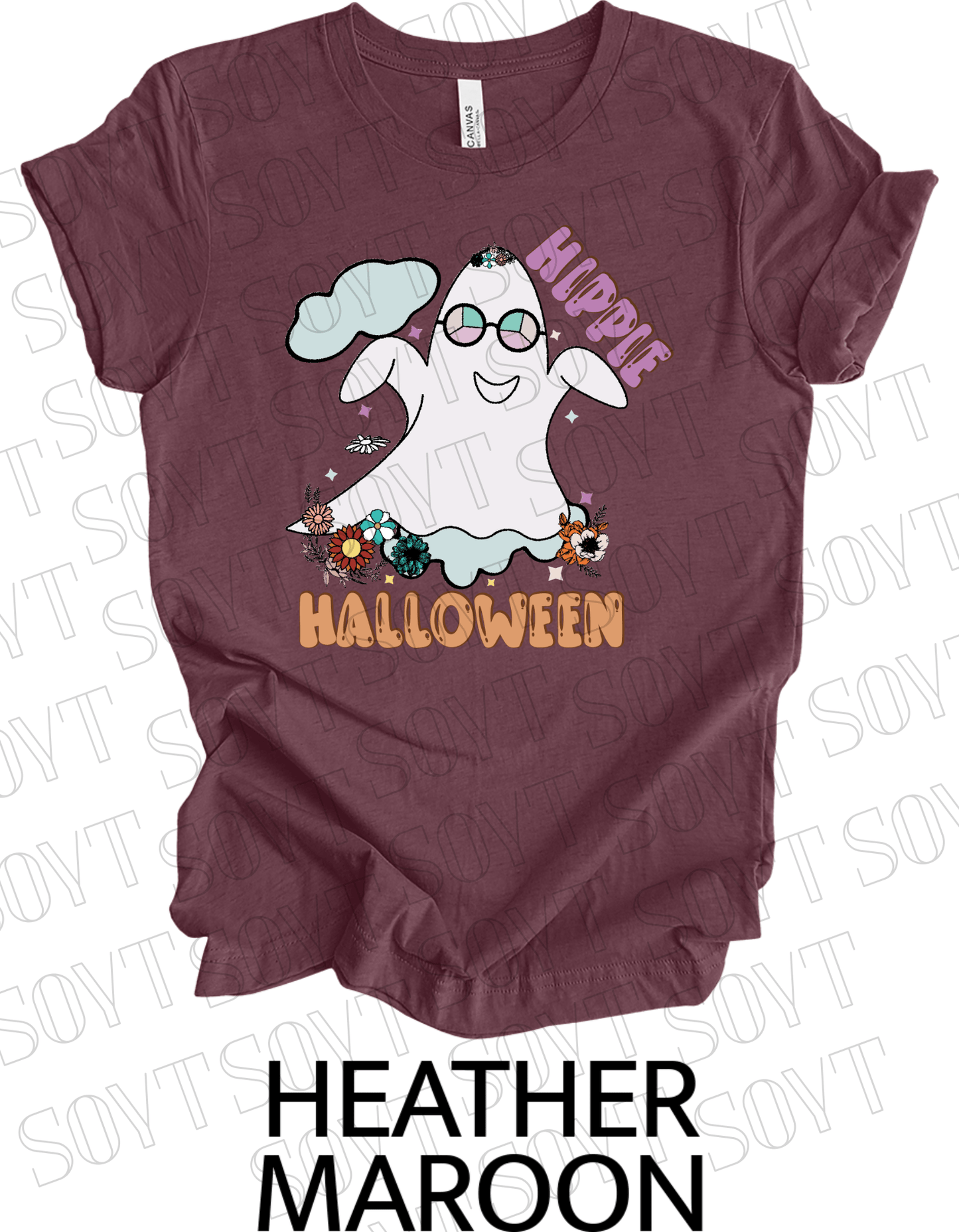 Hippie Halloween T-Shirt – Retro Flower Crown Ghost with Groovy Glasses & Fall Florals Graphic Tee - Festive Apparel StoreHeather Maroon