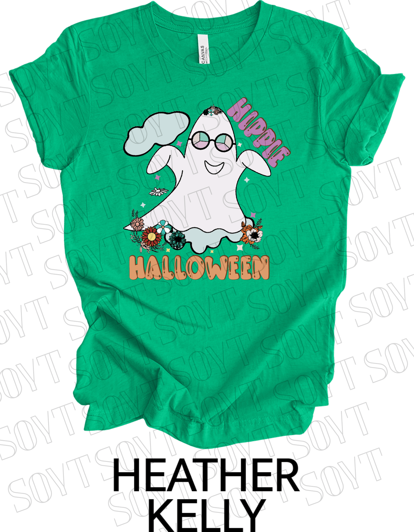 Hippie Halloween T-Shirt – Retro Flower Crown Ghost with Groovy Glasses & Fall Florals Graphic Tee - Festive Apparel StoreHeather Kelly Green