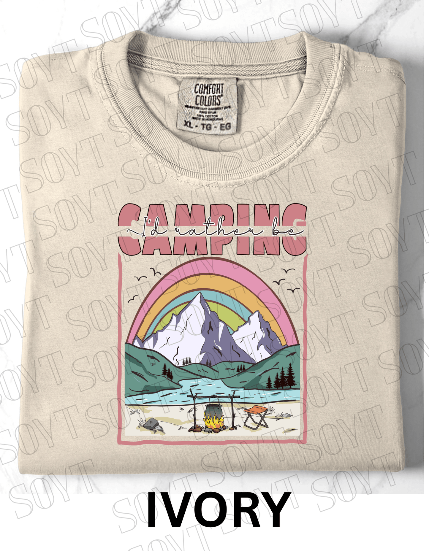 I’d Rather Be Camping T-Shirt – Rainbow Mountain Lakeside Graphic Tee - Festive Apparel StoreIvory
