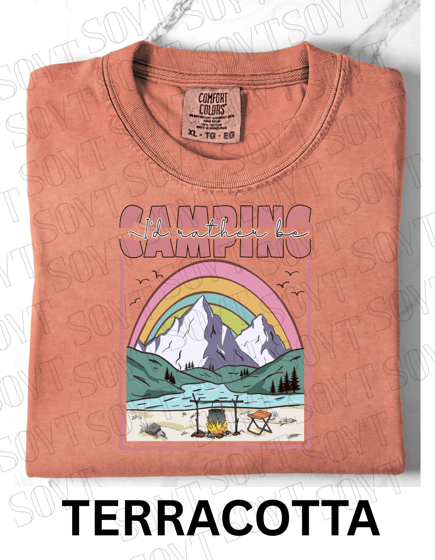 I’d Rather Be Camping T-Shirt – Rainbow Mountain Lakeside Graphic Tee - Festive Apparel StoreTerracotta