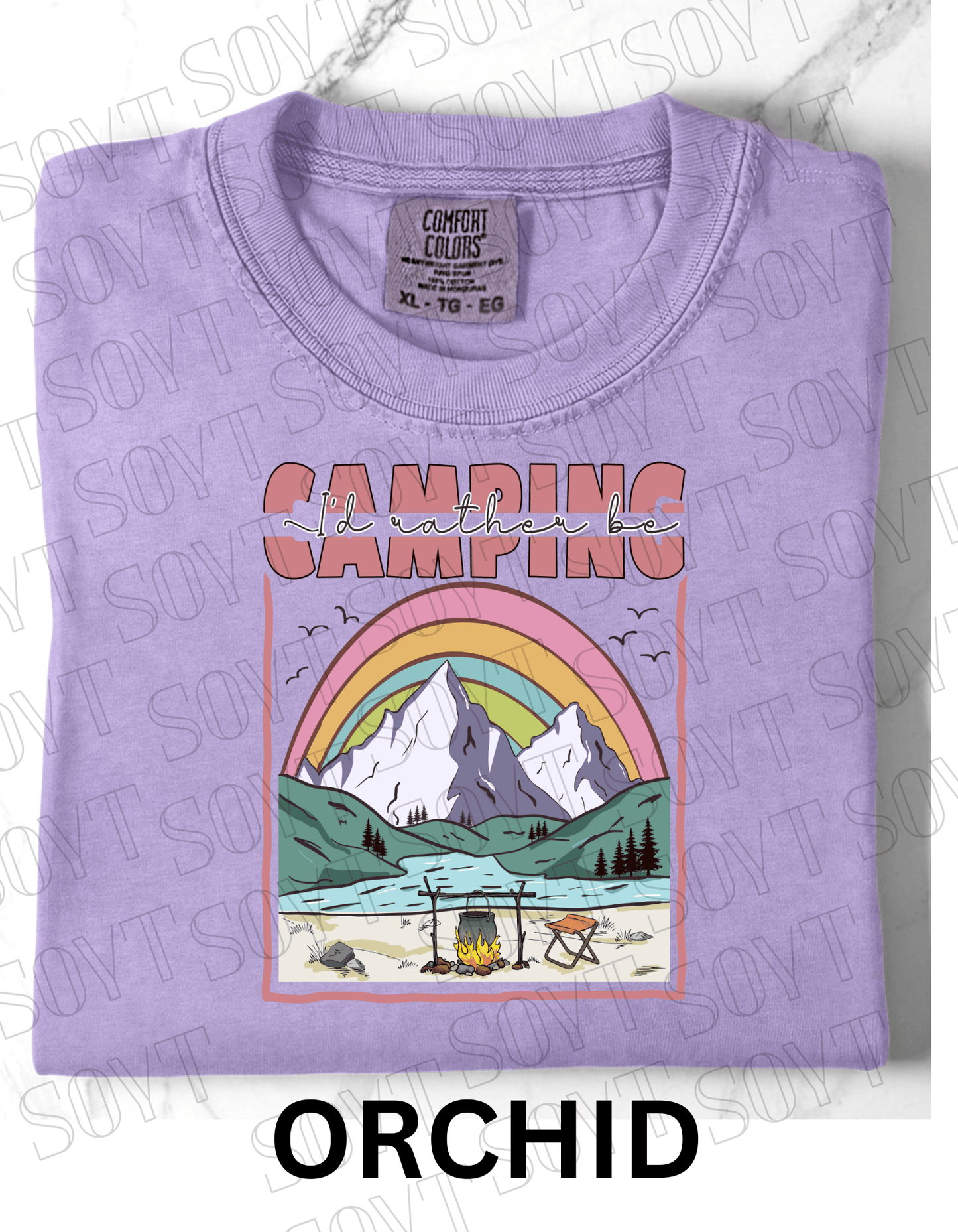 I’d Rather Be Camping T-Shirt – Rainbow Mountain Lakeside Graphic Tee - Festive Apparel StoreOrchid